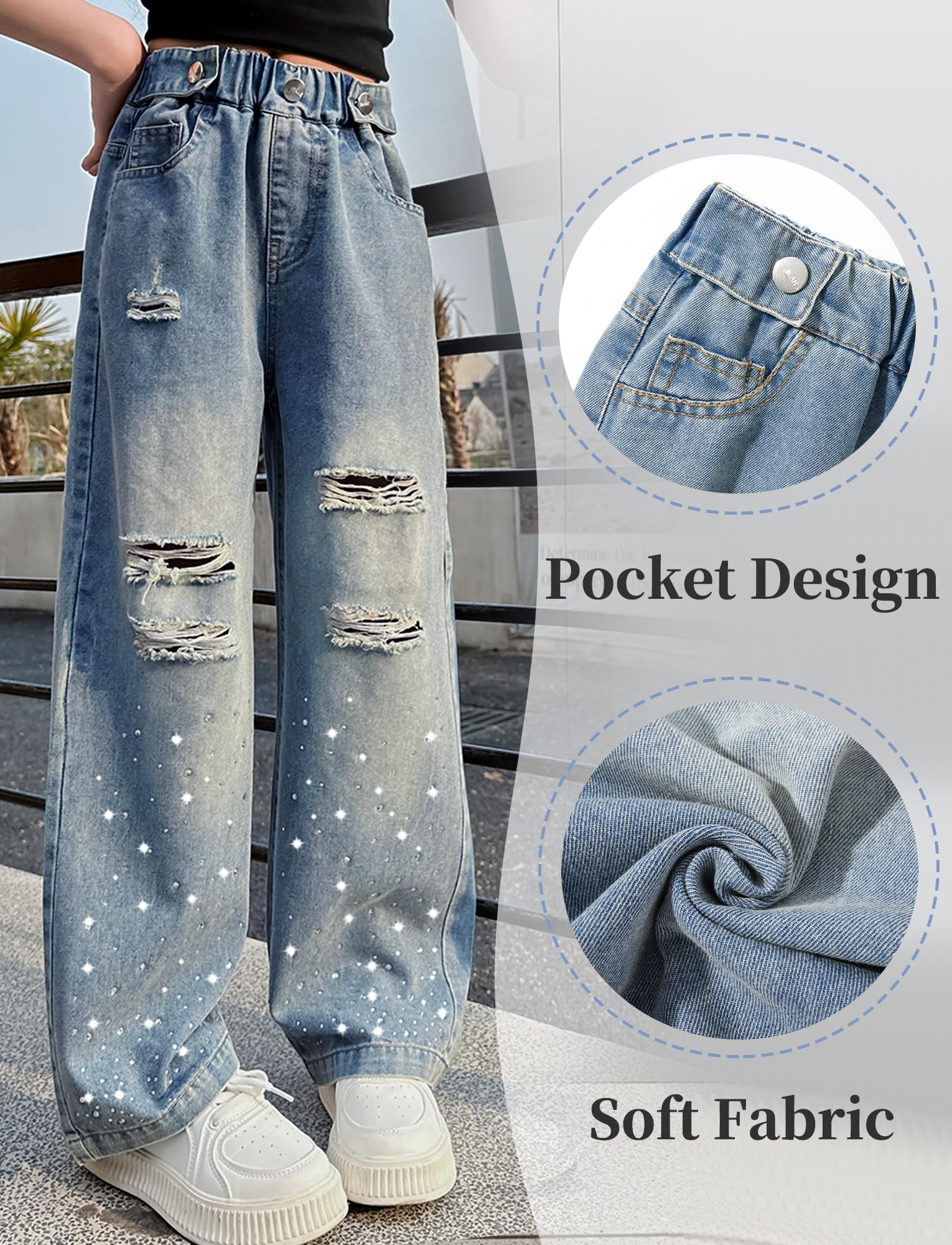 Jeans strappati da ragazza, vita alta elastica, gamba larga, pantaloni in denim invecchiato con tasche larghi casual streetwear 5-14 anni