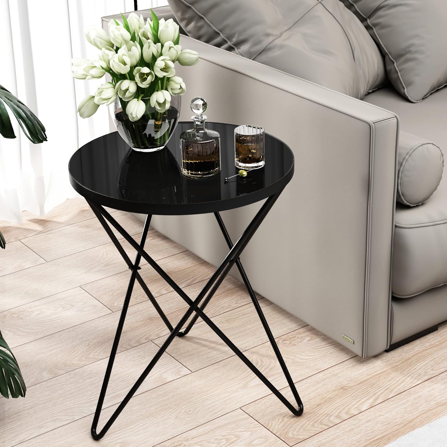 Buy Modern Round Side Table, End Table with Black Glass Top and Black