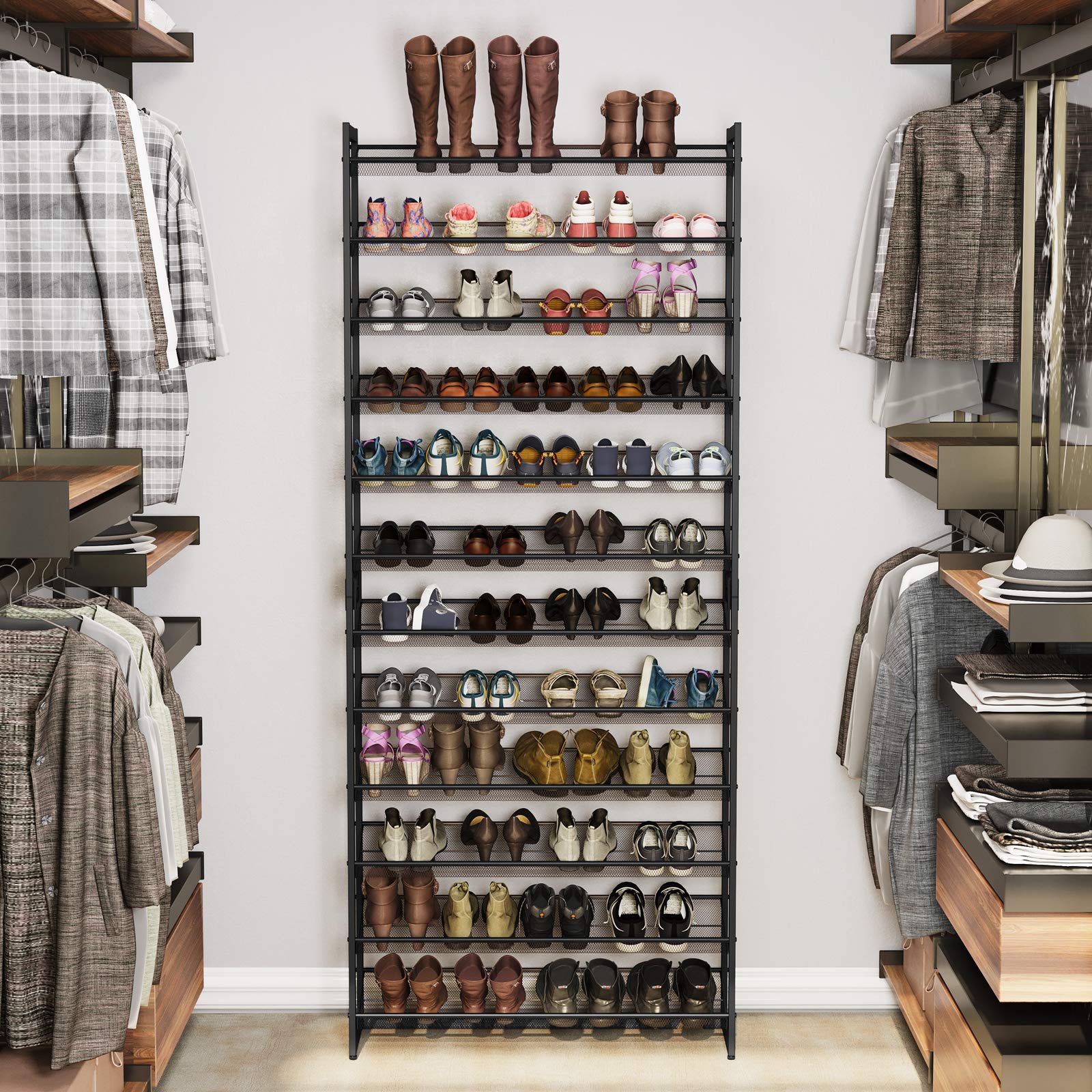 SONGMICS Shoe Rack with 12 Shelves, Set of 2 Stackable 6-Step Shoe Racks, for 48-60 Pairs of Shoes, Metal, Adjustable Grid Shelves, Flat or Angled Mountable, Black LMR12B SONGMICS Shoe Rack with 12 Shelves, Set of 2 Stackable 6-Step Shoe Racks, for 48-60 Pairs of Shoes, Metal, Adjustable Grid Shelves, Flat or Angled Mountable, Black LMR12B