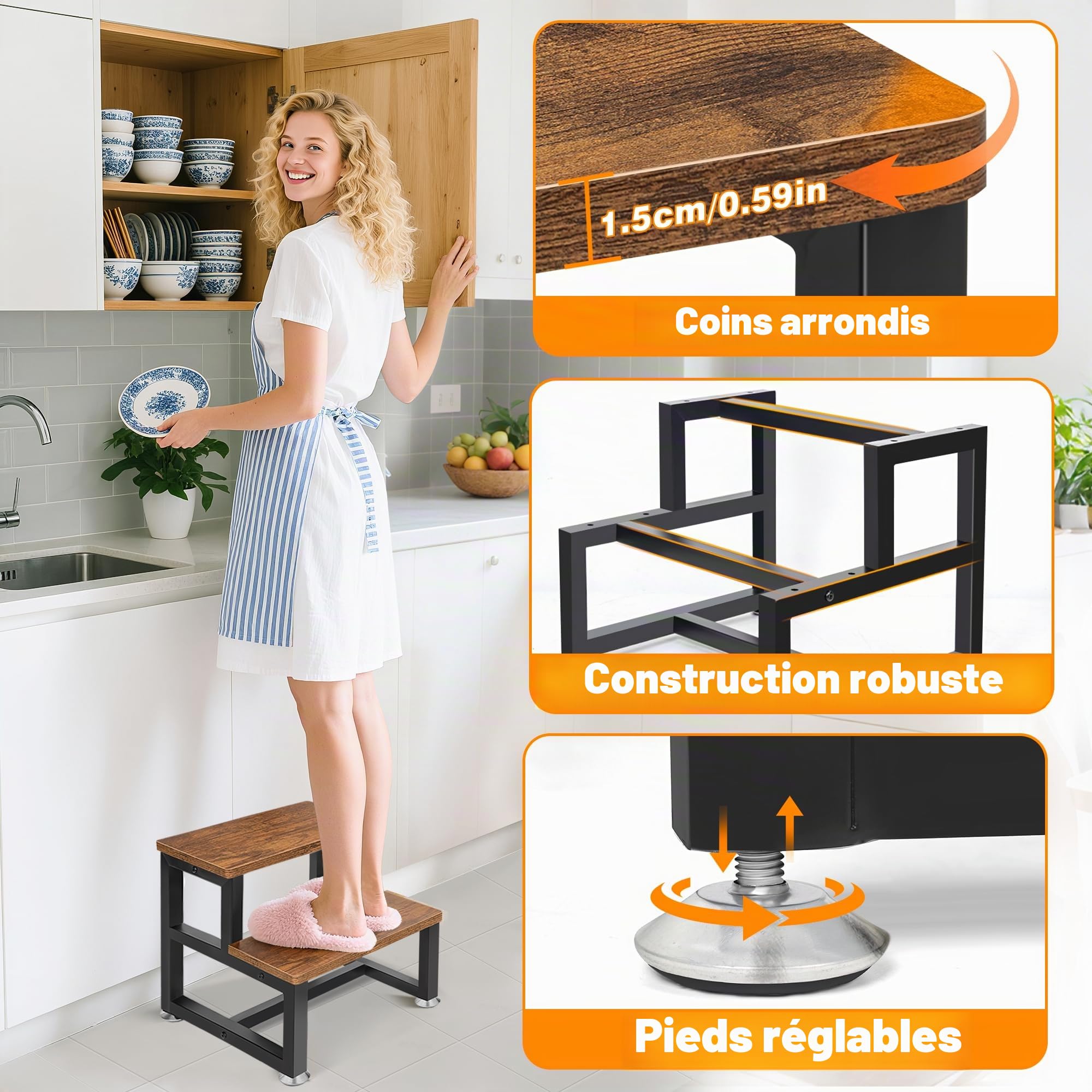 Marchepied pour enfant 2 marches cadre en métal lourd repose-pieds en bois stable 100 kg
