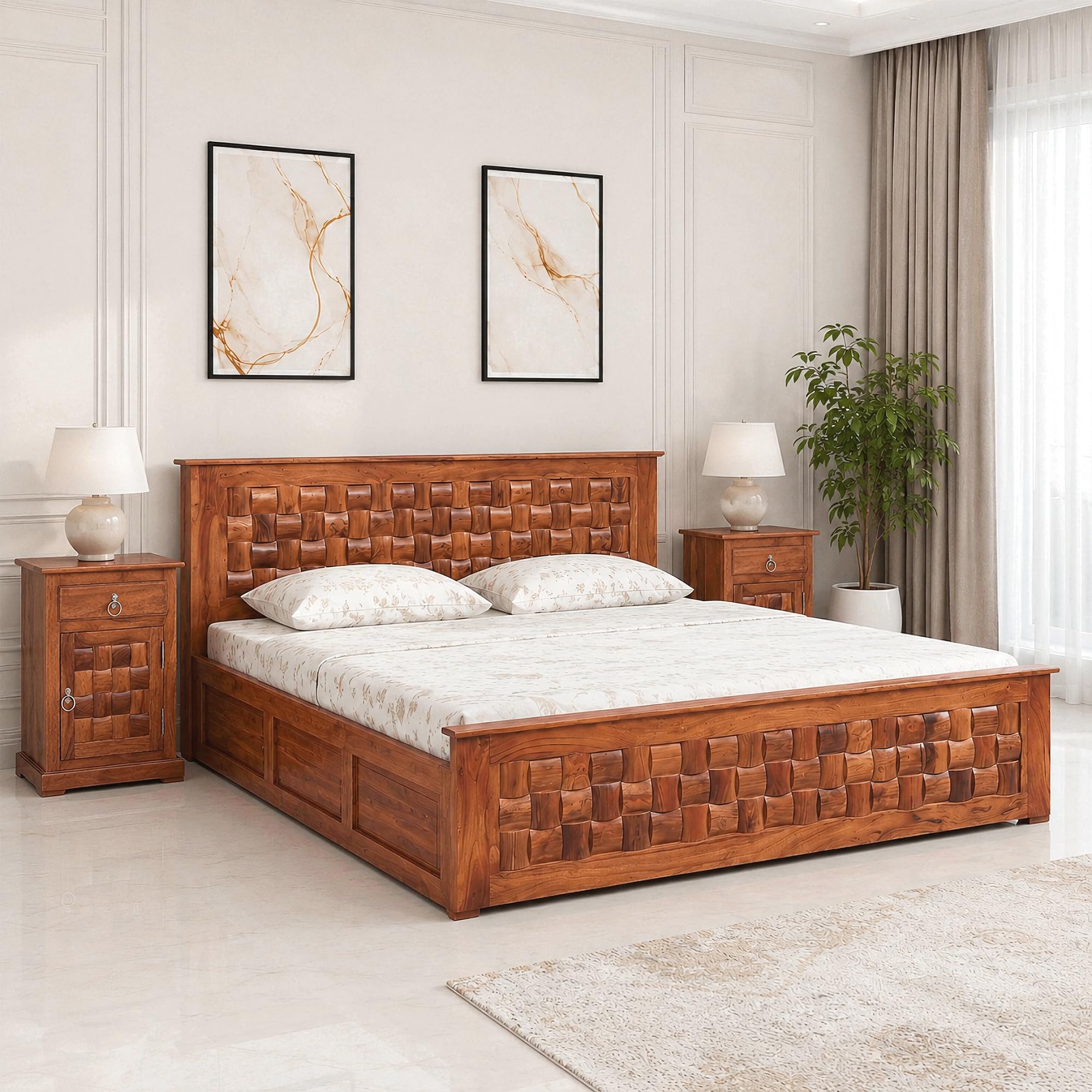 SONA ART & CRAFTS Niwar Solid Sheesham Wood King Size Bed with Storage Box + 2 Side Tables | Wooden King Size Cot Bed Double Bed with Box for Home - Teak Finish (Assembly Included)