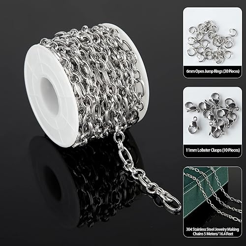 Miniatura 2 de UMAOKANG Cadenas Rolo de acero inoxidable de plata de 16.4 pies para hacer joyas, collar de hip-pop en relieve, cadena de eslabones de cable en