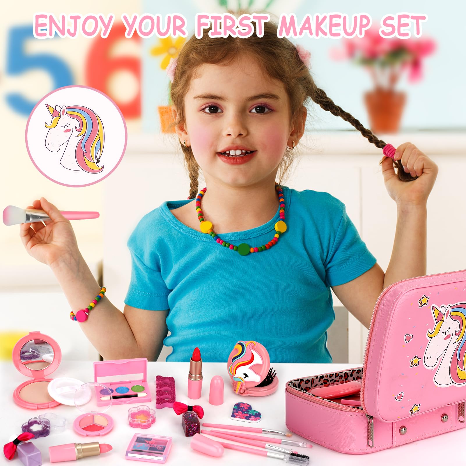 Flybay Kinderschminke Set Mädchen, Waschbar Schminke Kinder Schminkkoffer Mädchen Spielzeug Grundschulkinder Schminkset Geburtstage Weihnachten Geschenke für Kinder 3 4 5 6 7 8 9 10 Jahre