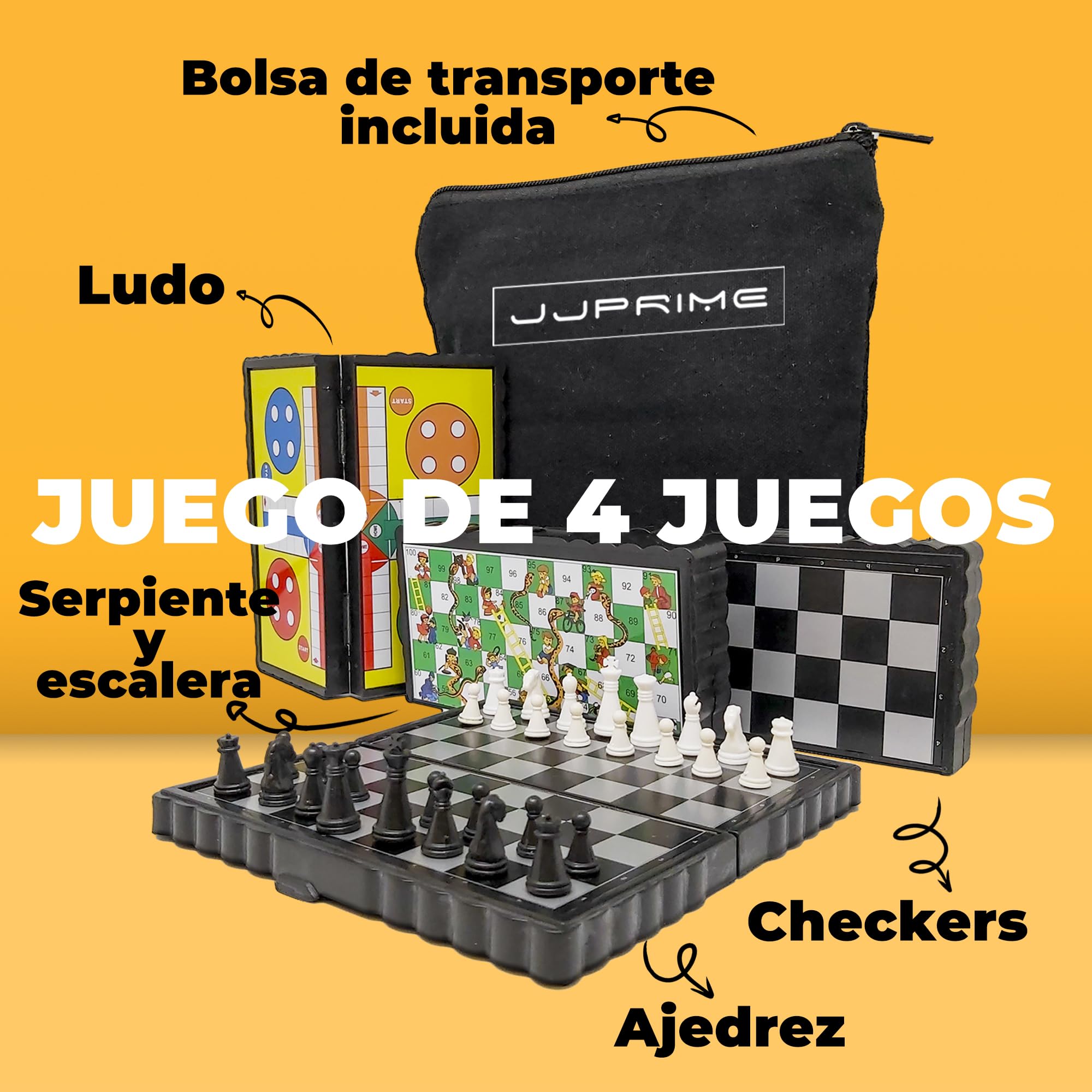 JJPRIME - 4 Juegos de Mesa de Viajes clásicos, Divertidos y Divertidos - Damas y escaleras Ajedrez Ludo Mini Juego de Dados magnéticos Juego de Cajas Plegables