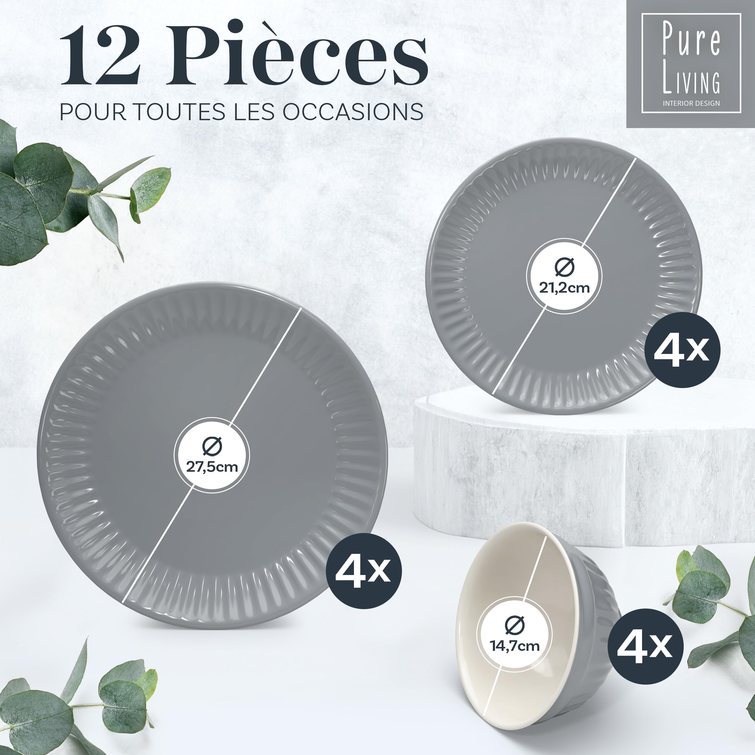 Hygge 12-częściowy zestaw naczyń z kamionki, zwycięzca testu, fantastyczny skandynawski zestaw naczyń z kamionki, zestaw misek i talerzy, serwis stołowy dla 4 osób, zestawy naczyń Pure Living w