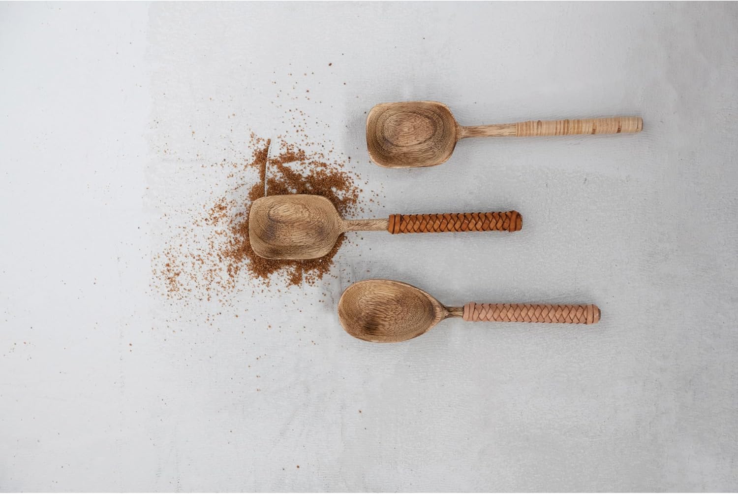 Mango Wood Spoons with Bamboo and Leather Wrapped Handles, Set of 3 in Printed Drawstring Bag