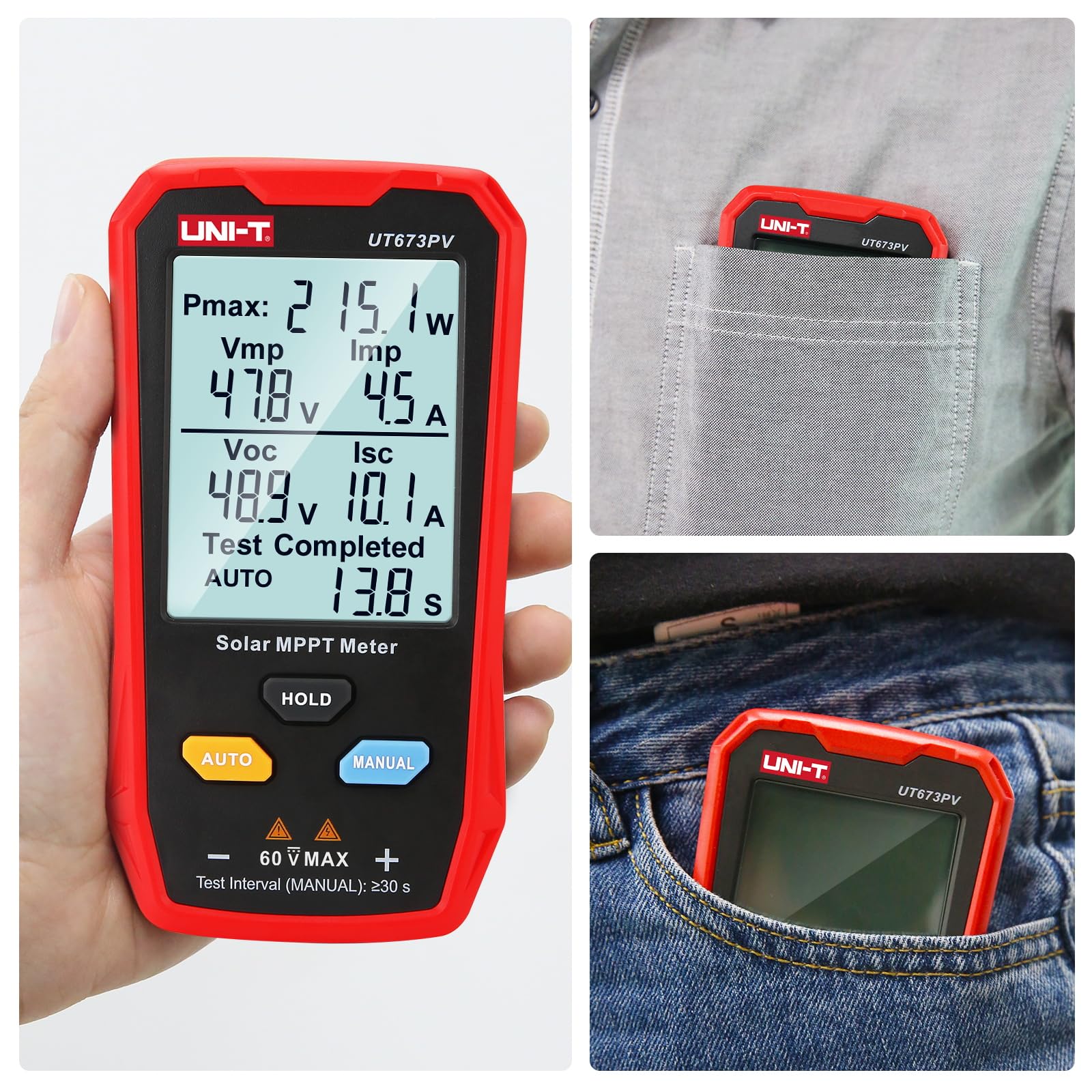 UNI-T UT673PV Solar Panel Tester, Solar MPPT Meter, 800W Photovoltaic Module Maximum Power Tester, Intelligent Manual/Auto MPPT Test, Large LCD and Multiple Result Displays