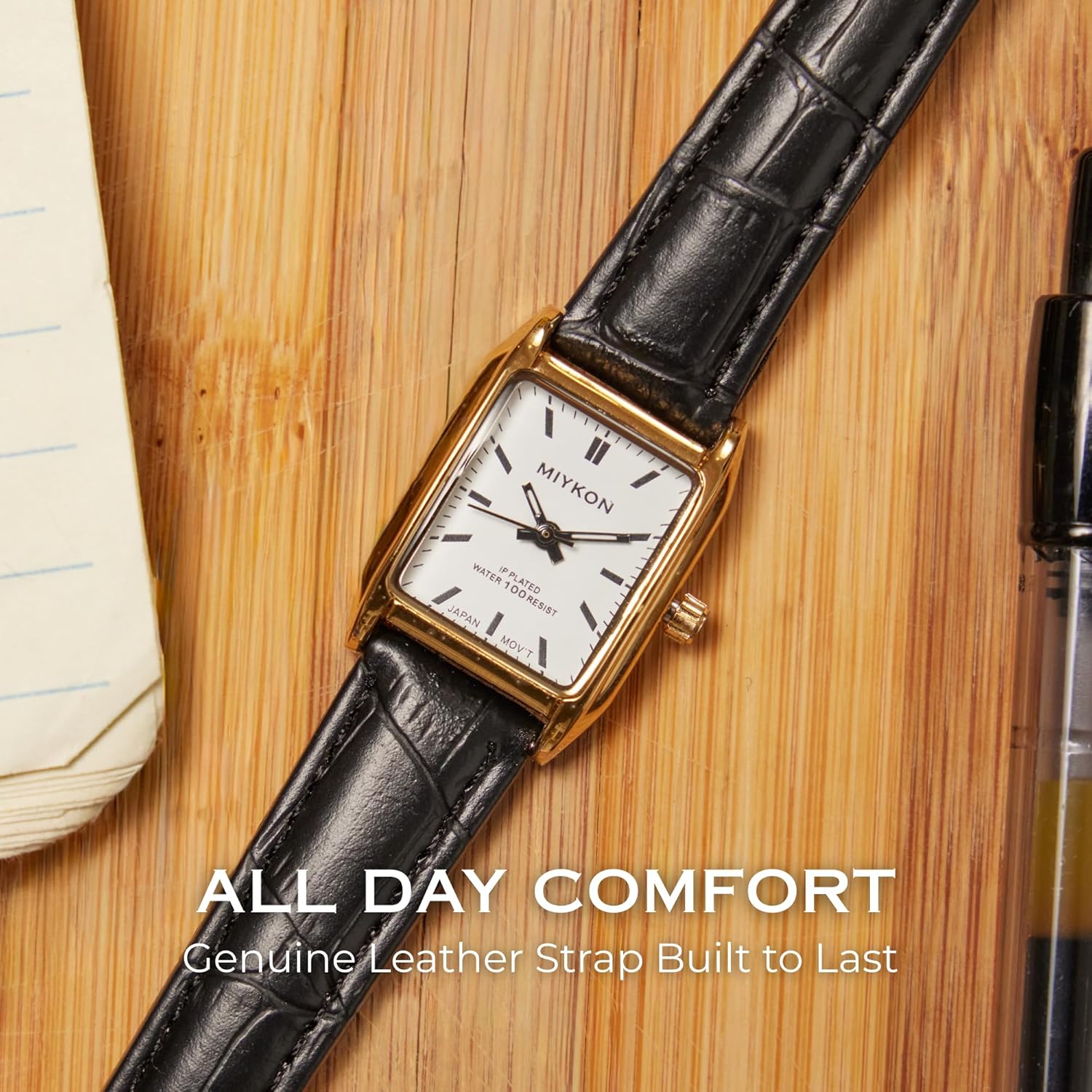 Miykon Dainty Vintage Tank Square Dress Watches for Women – Genuine Leather Band, Second Hand, Japanese Quartz, Water Resistant - Image 5