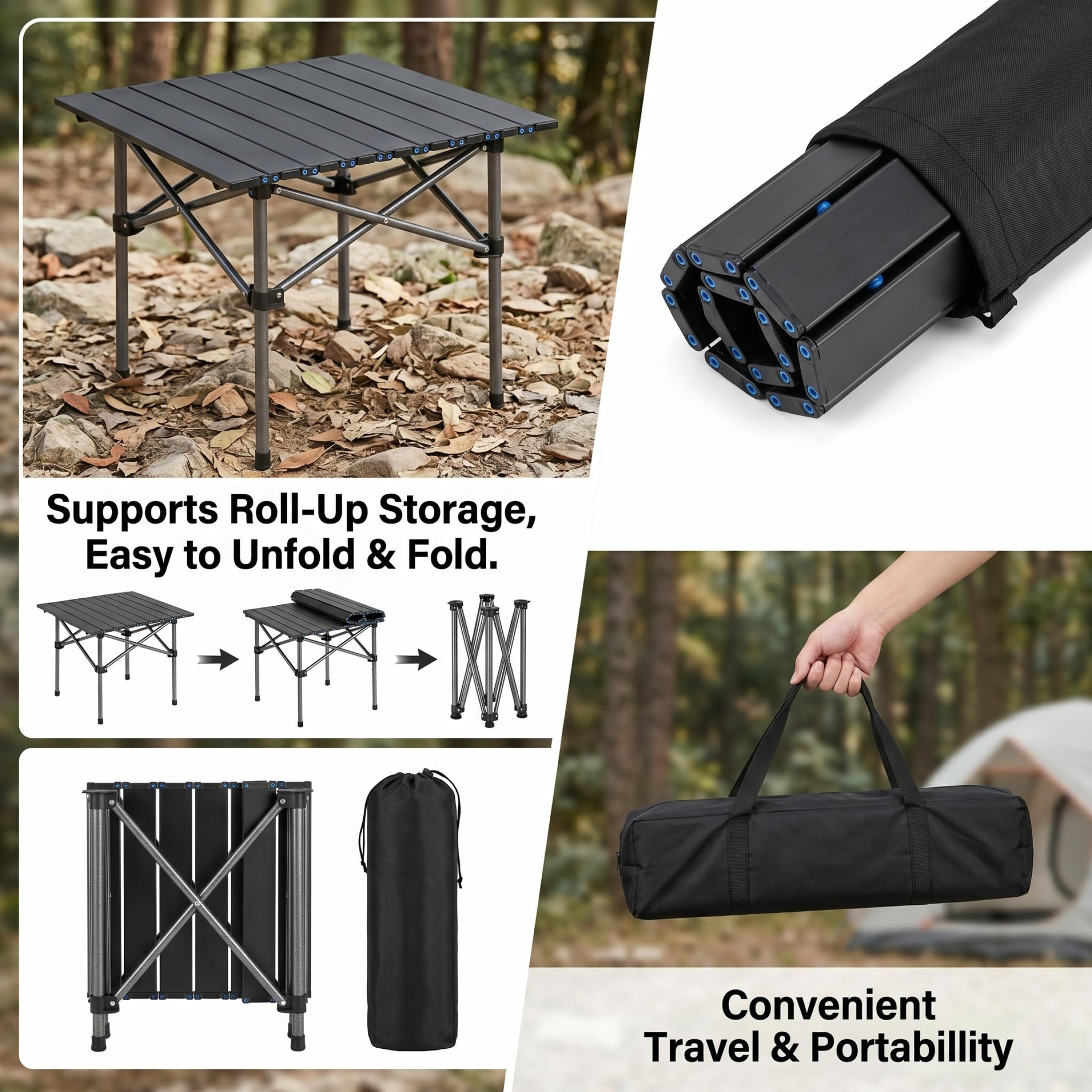 Mesa de Camping Enrollable de 19, 69 x 19, 69 Pulgadas con Marco de Acero al Carbono, Mesa Auxiliar pequeña Plegable portátil para Picnic al Aire Libre, Playa, mochilero, Negro