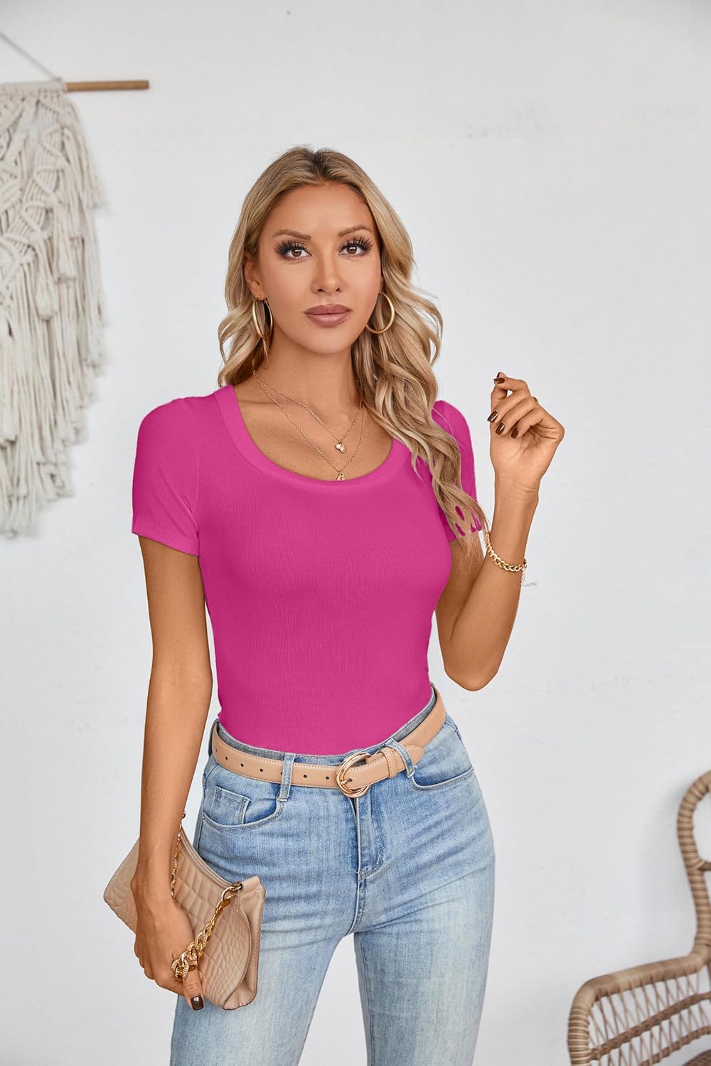 Areecin Womens Summer Tops Square Neck Cute Short Sleeve Going Out Tops Ribbed Knit Tee Tshirt - Image 3