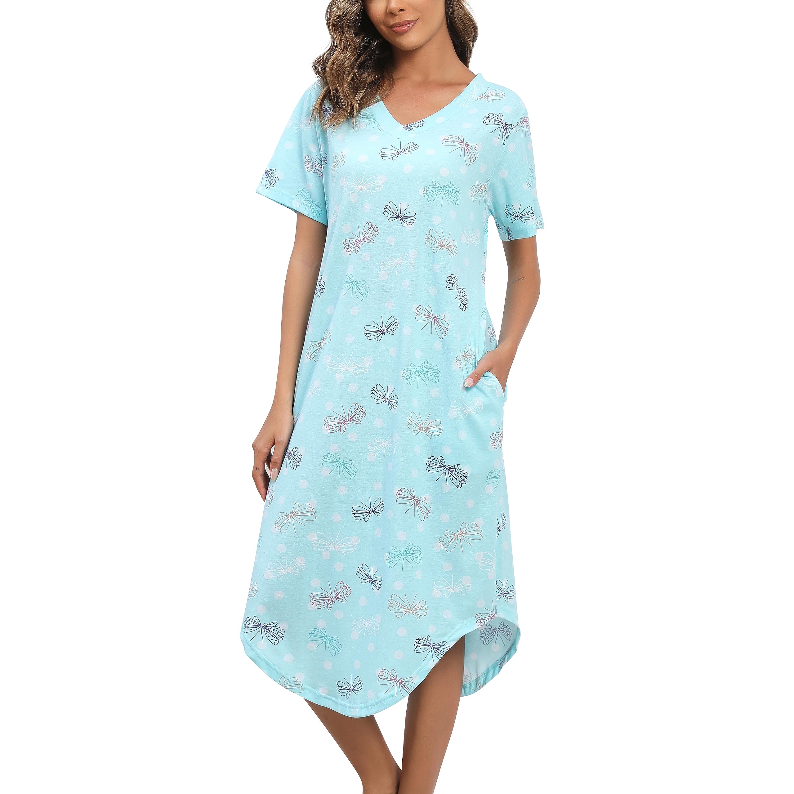 PNAEONG Women Short Sleeve Long Nightgown Soft Cotton Sleepwear Nightshirts Loungewear with Pockets