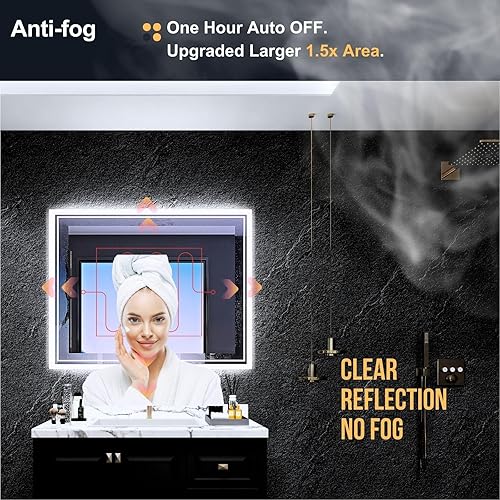 Miniatura 5 de Espejo de baño LED de 24 x 36 pulgadas, espejo de baño retroiluminado con luces, regulable continuamente, antivaho, a prueba de roturas, memoria,
