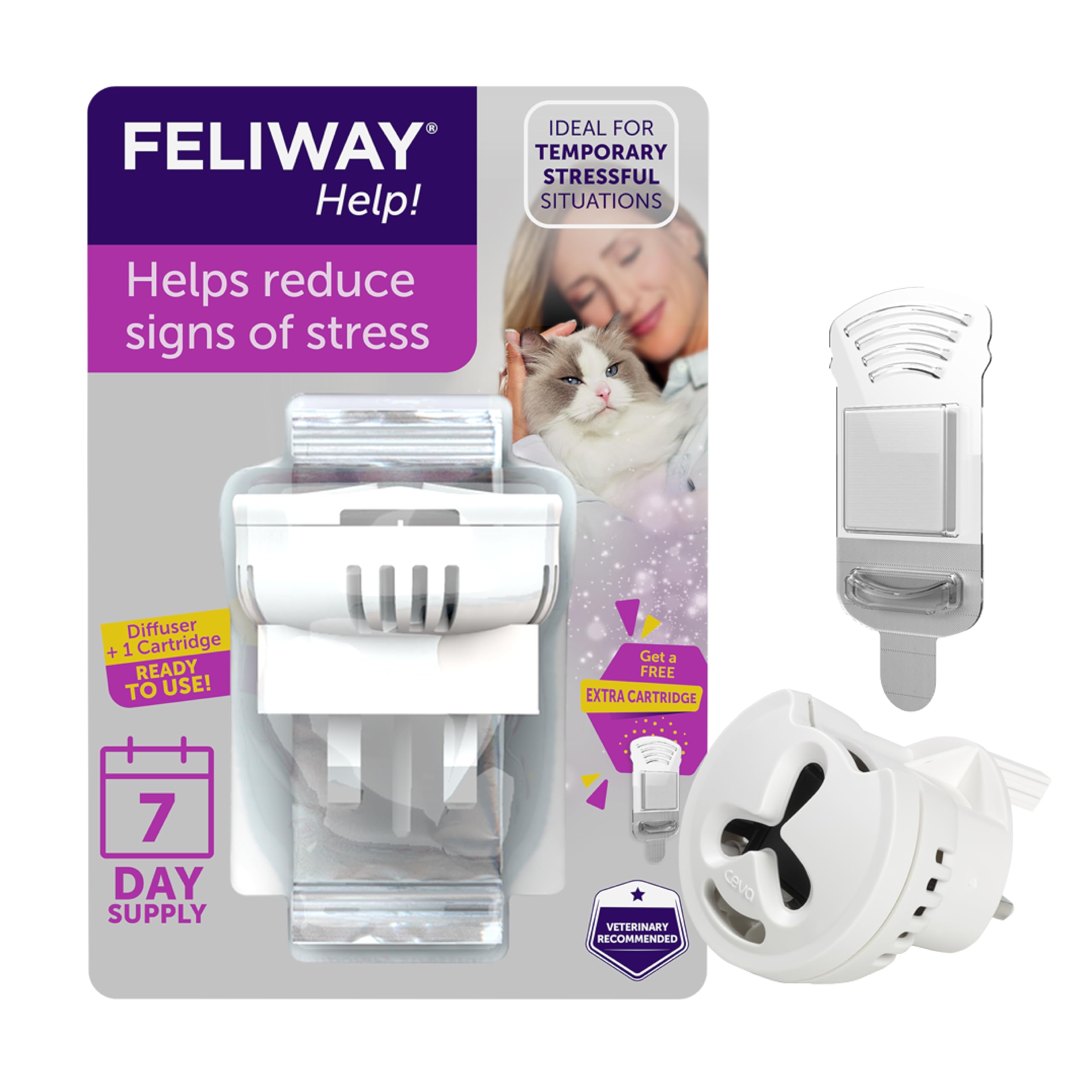 Help! 7 Day Cat Calming Odourless Plug In Pheromone Diffuser Starter Kit - Helps Calm your Cat Every Day or During Stressful Events, Veterinary Recommended, Drug-free, Clinically Proven