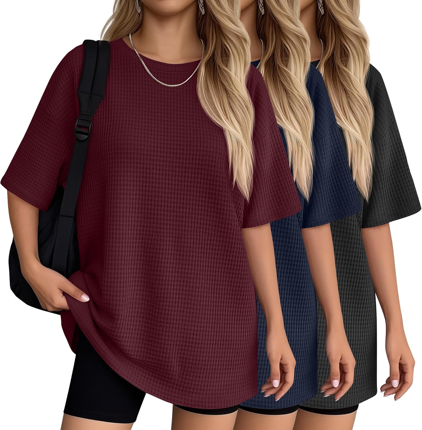 Oakgarden 3 Pack Women's Oversized Waffle T-Shirts, Half Sleeve Crewneck Loose Fit Workout Tops Casual Baggy Tee Gym Summer