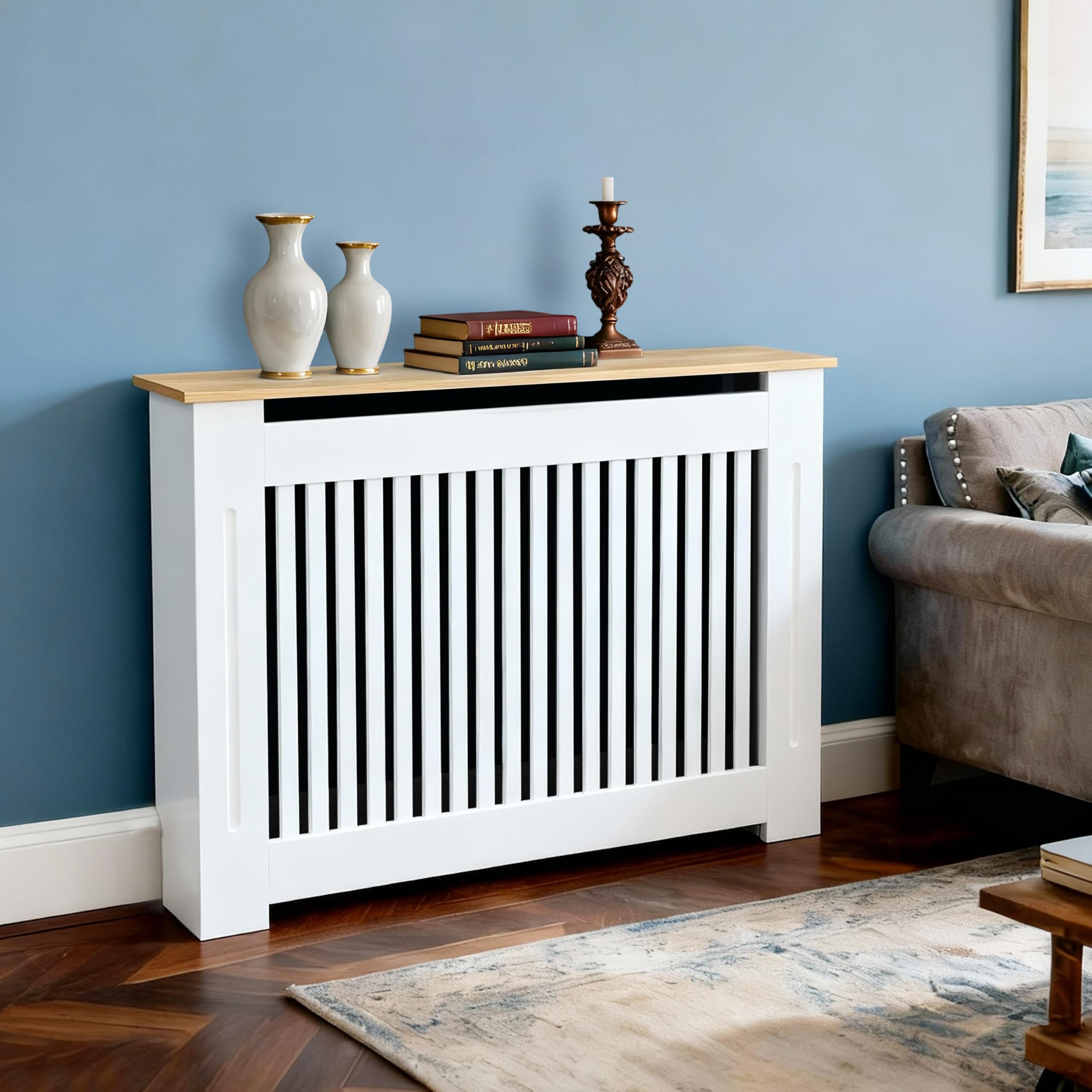 FATIVO Cubierta de Radiador Alta Blanca Moderna: 112x20x92.5cm Cubre Radiadores con Estante Superior de Madera MDF, Cubierta para Radiador Reforzada y Duradera para el Hogar u Oficina(Vertical)