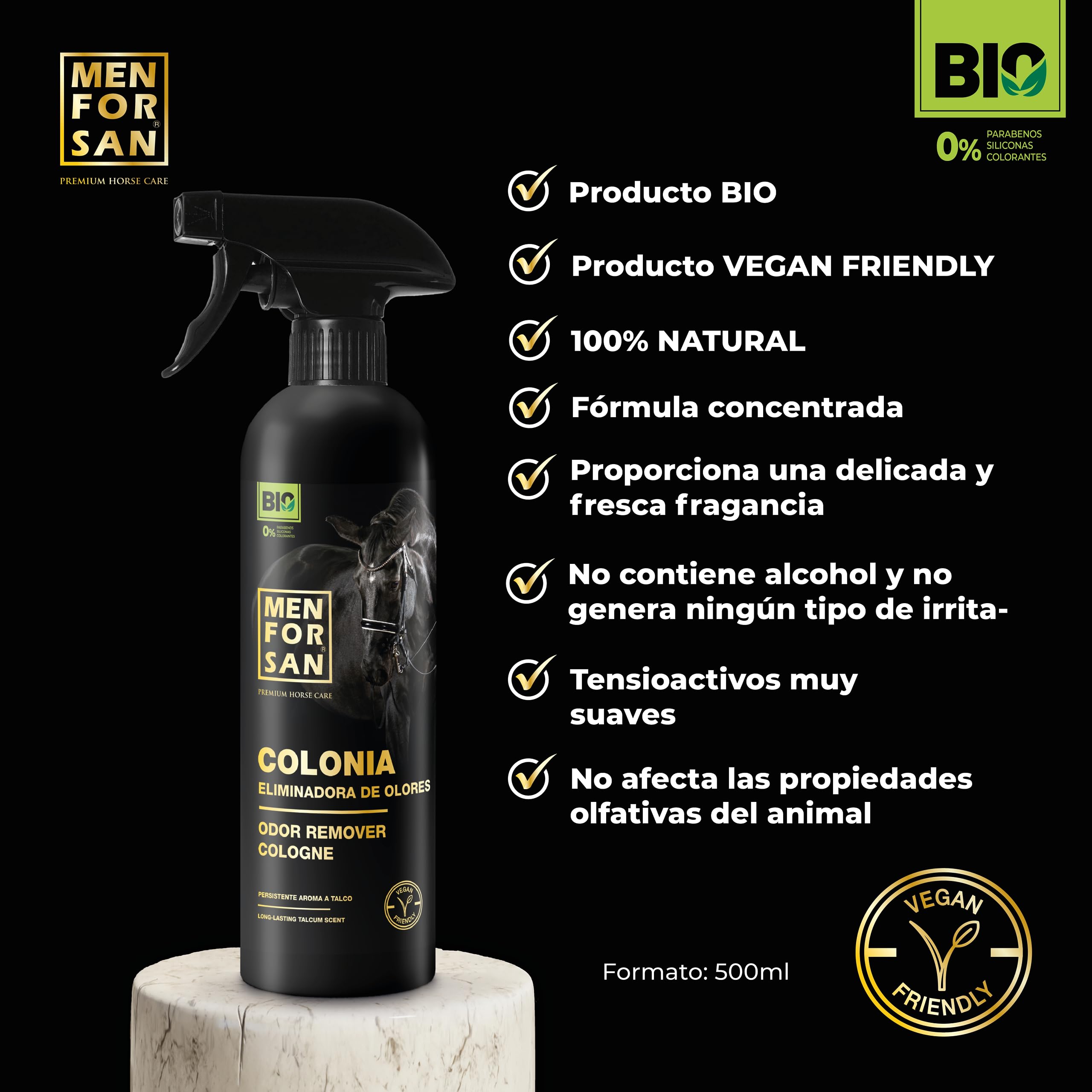 MENFORSAN Colonia per cavalli, 500ml | Elimina gli odori sgradevoli |BIO - Vegan friendly - 100% Naturale | PREMIUM HORSE CARE