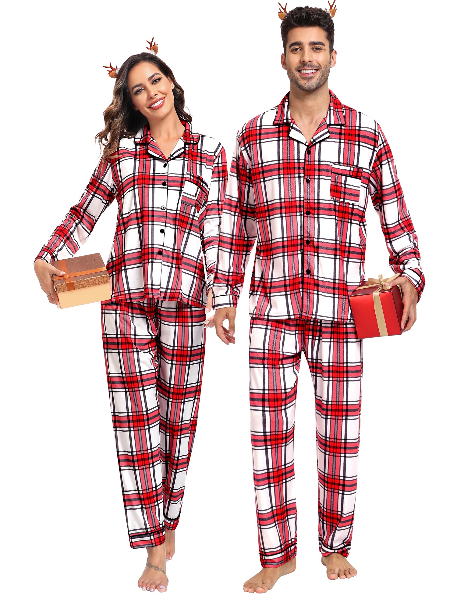 Family Christmas Pajamas Set Women & Men Long Sleeve Pj Set Party Sleepwear Button-Down Loungewear Set, Red White Grid, Medium-image-7