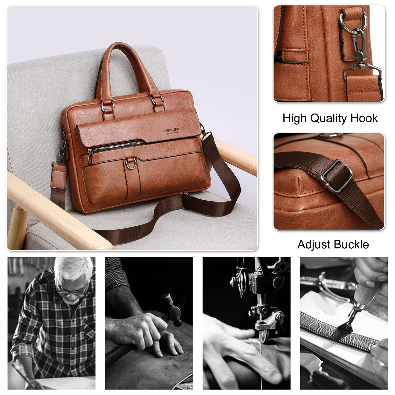 FANDARE Homme Mallettes PU Cuir Sac à Bandoulière Affaire Sac à Main Sacoche 12.9 Pouces Sac Cabas Sac à Bandoulière Sac de Cours Sacs à Main portés épaule pour Collège Cours Voyage Brun Clair
