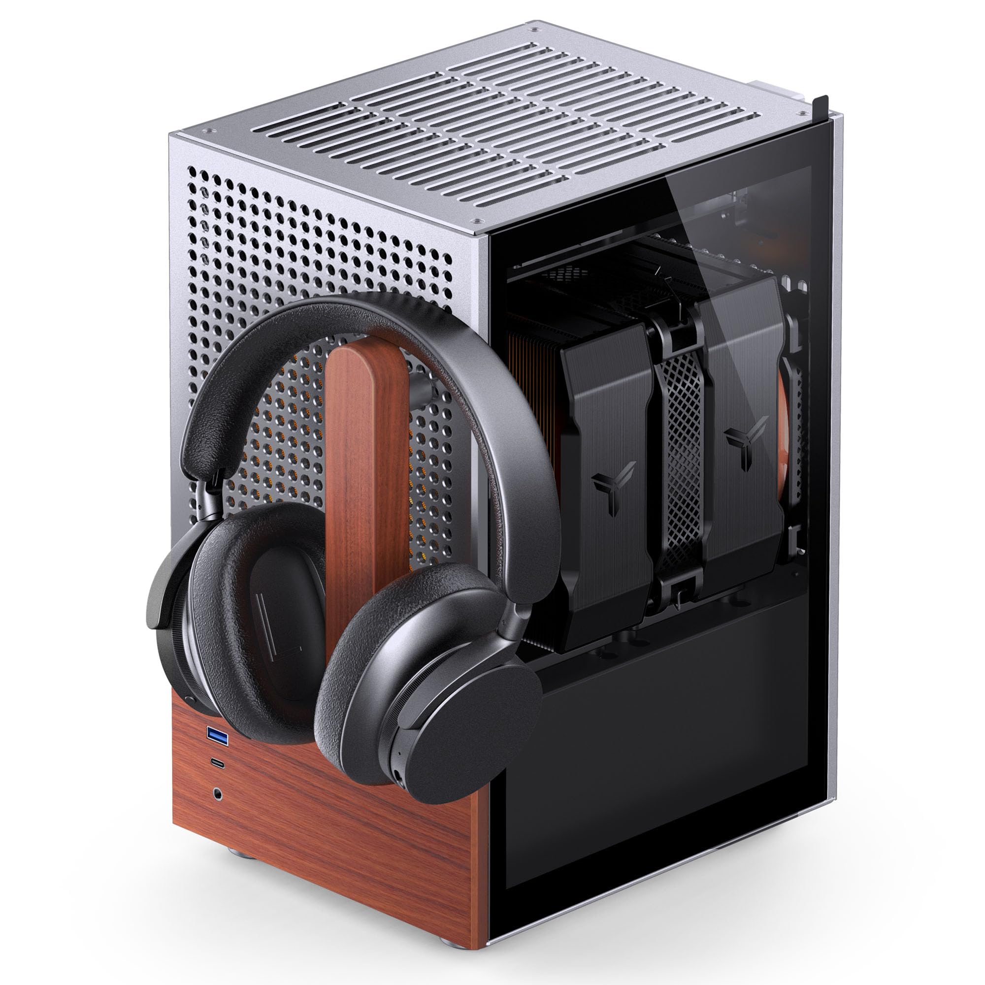 Jonsbo T6 Mini-ITX PC-Gehäuse – Silber, Tempered Glass & Holzgriff, Aluminium & Stahl, kompaktes Mini-Tower Case