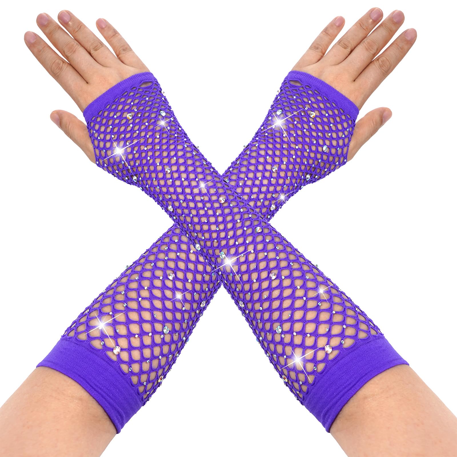 MESU Women Fishnet Rhinestone Fingerless Gloves Sparkly Mesh Gloves for 80s Party Cosplay Purple