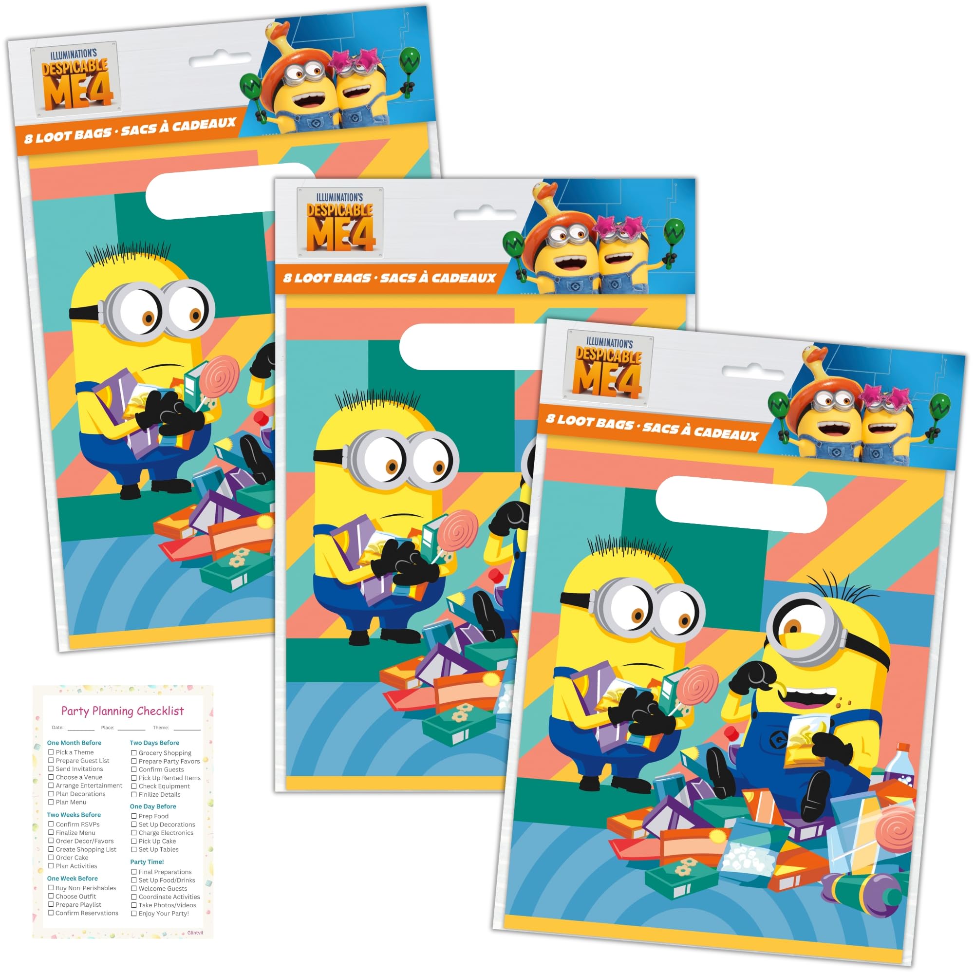 Despicable Me Birthday Party Decorations - 24 Plastic Minion Party Favor Bags & Checklist