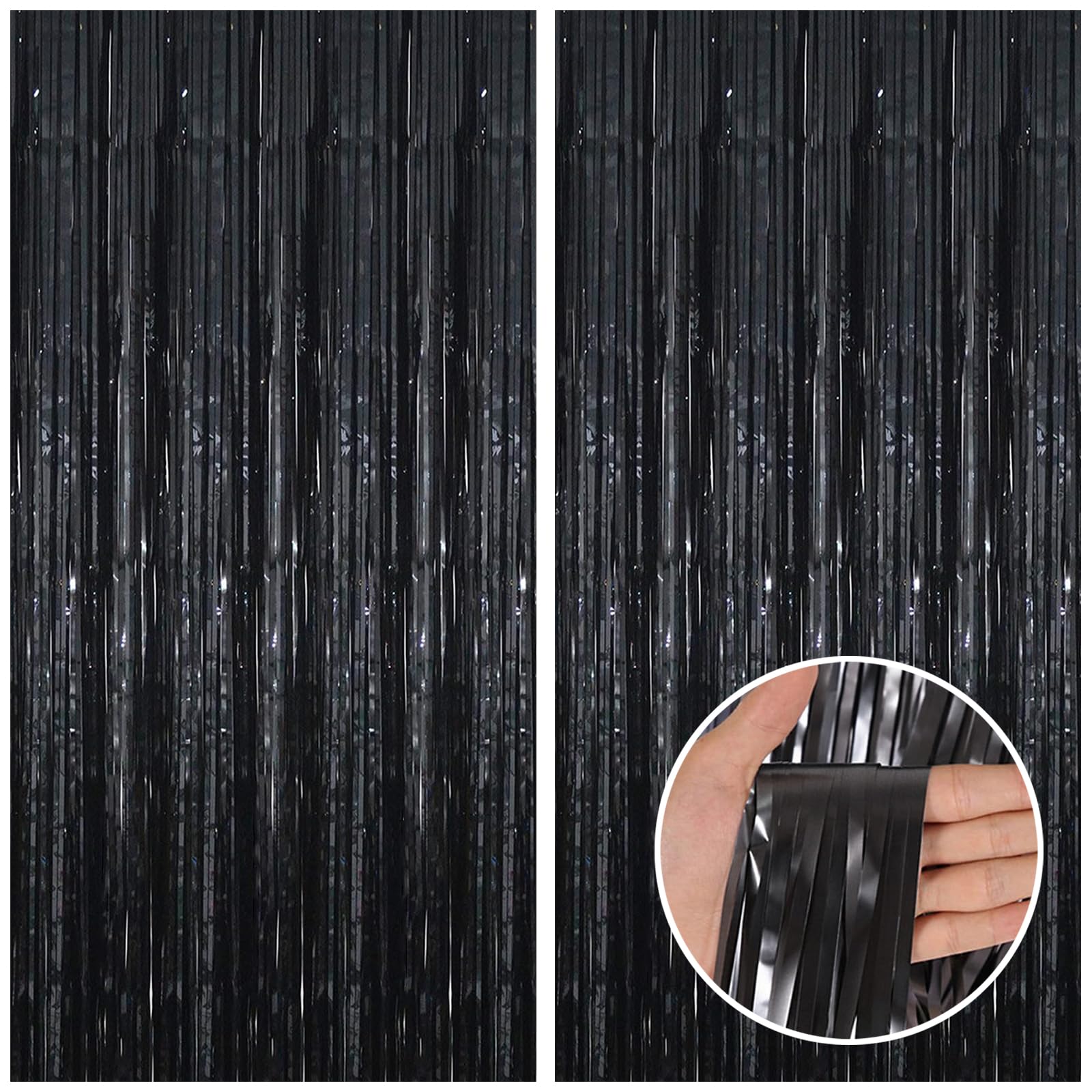 CANREVEL 2 Pack 3.3x8.2 Feet Black Foil Fringe Backdrop Curtains, Tinsel Streamers Birthday Party Decorations, Fringe Backdrop for Graduation,