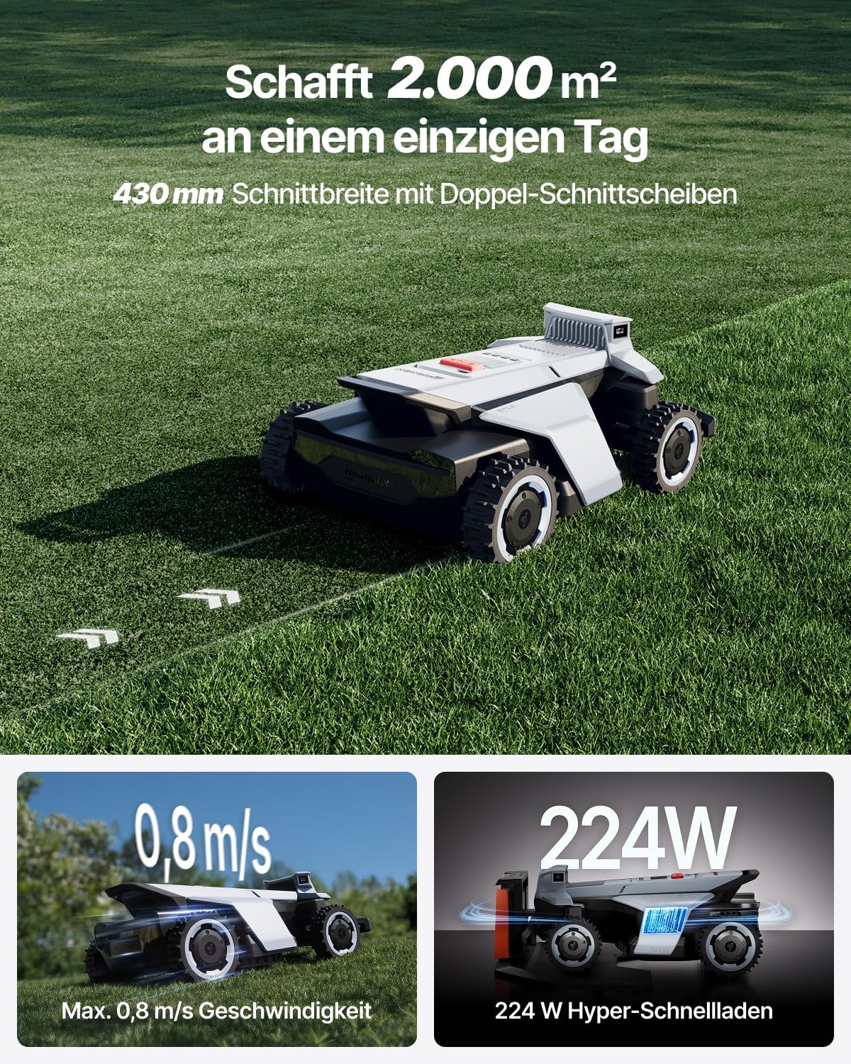Segway Navimow X420 Mähroboter ohne Begrenzungskabel mit Garage X (separater Versand) für 2000 ㎡, Zero-Turn AWD für 84% Steigungen, NRTK+360° Vision+VIO, Keine RTK-Basisstation, 25-95 mm Schnitthöhe