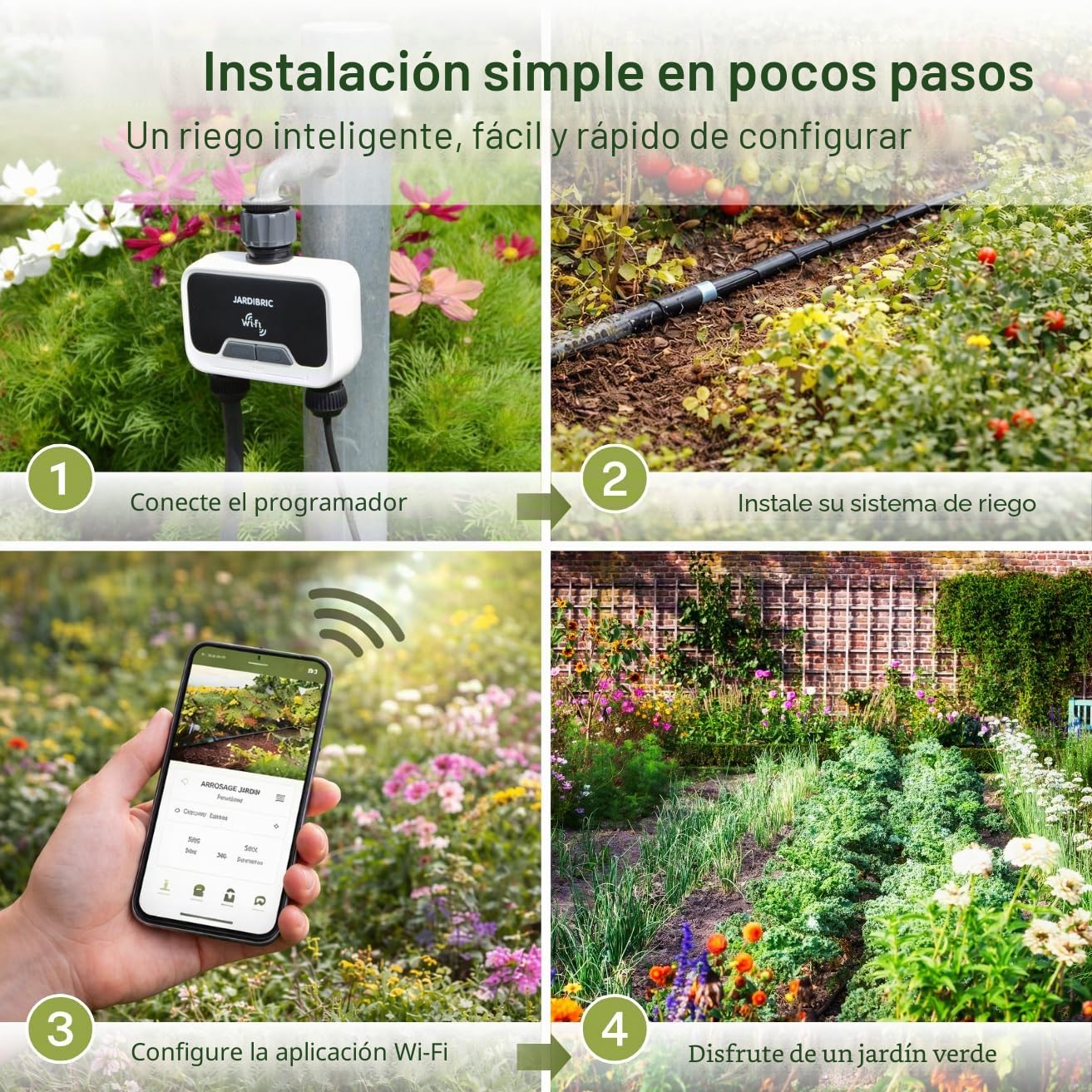 Jardibric - Programador wifi de riego con aplicación "Tuya Smart", control remoto y voz (Google/Alexa), IP54, caudal 2100 L/h, presión 0,5 a 8 bares, 2 vías, función manual y lluvia dela