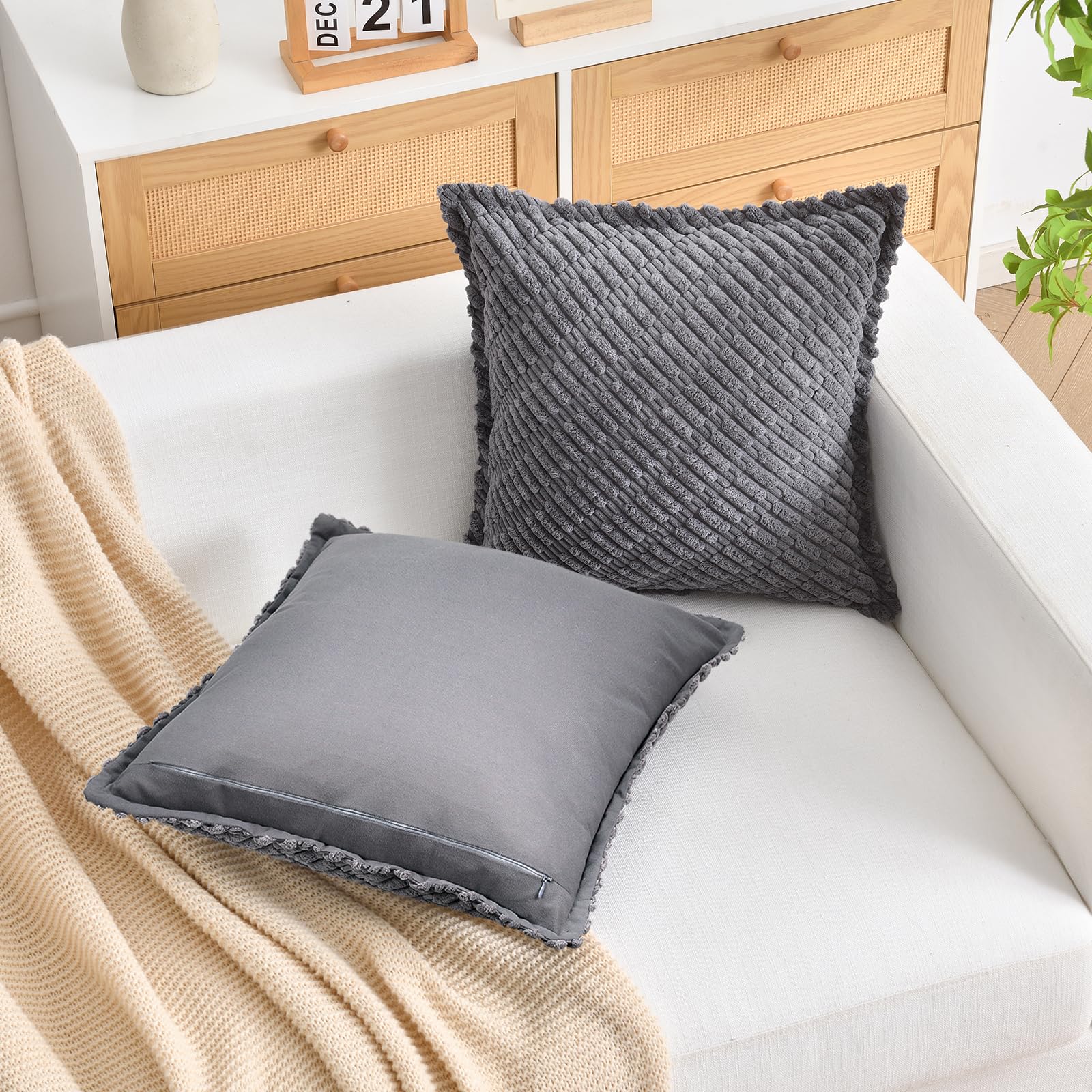 LRartdeco Grey Cushion Covers 40x40 cm Corduroy Cushion Covers Square Throw Pillow Covers Boho Cushions Soft Throw Pillow Case for Sofa Livingroom Chair Bedroom with Invisible Zipper - Image 3