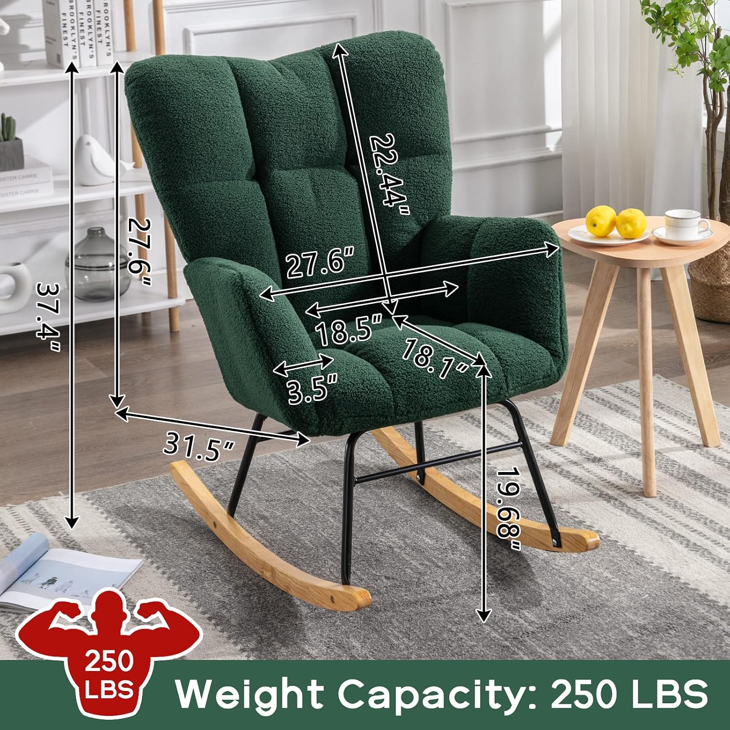 Modern Nursery Rocking Chair, Upholstered Glider Chair with High Backrest, Rocker Accent Armchair with Solid Wood Legs for Nursery Bedroom Living Room (Dark Green Teddy)