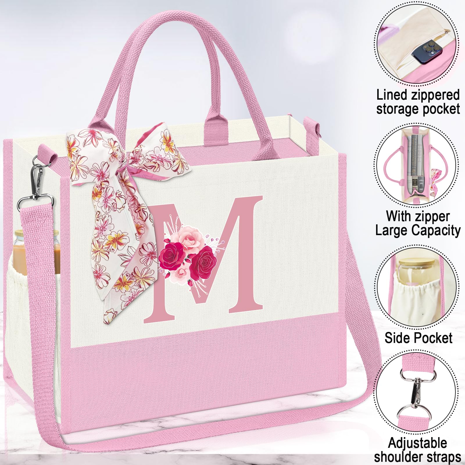 Mother's Day Gifts,Birthday Gift for Women,Initial Canvas Tote Bag,Personalized Gifts for Women,16oz Glass Cup With Straw,Jewelry Storage Box,Monogrammed Gift for Woman Mom Sister Bestie-M