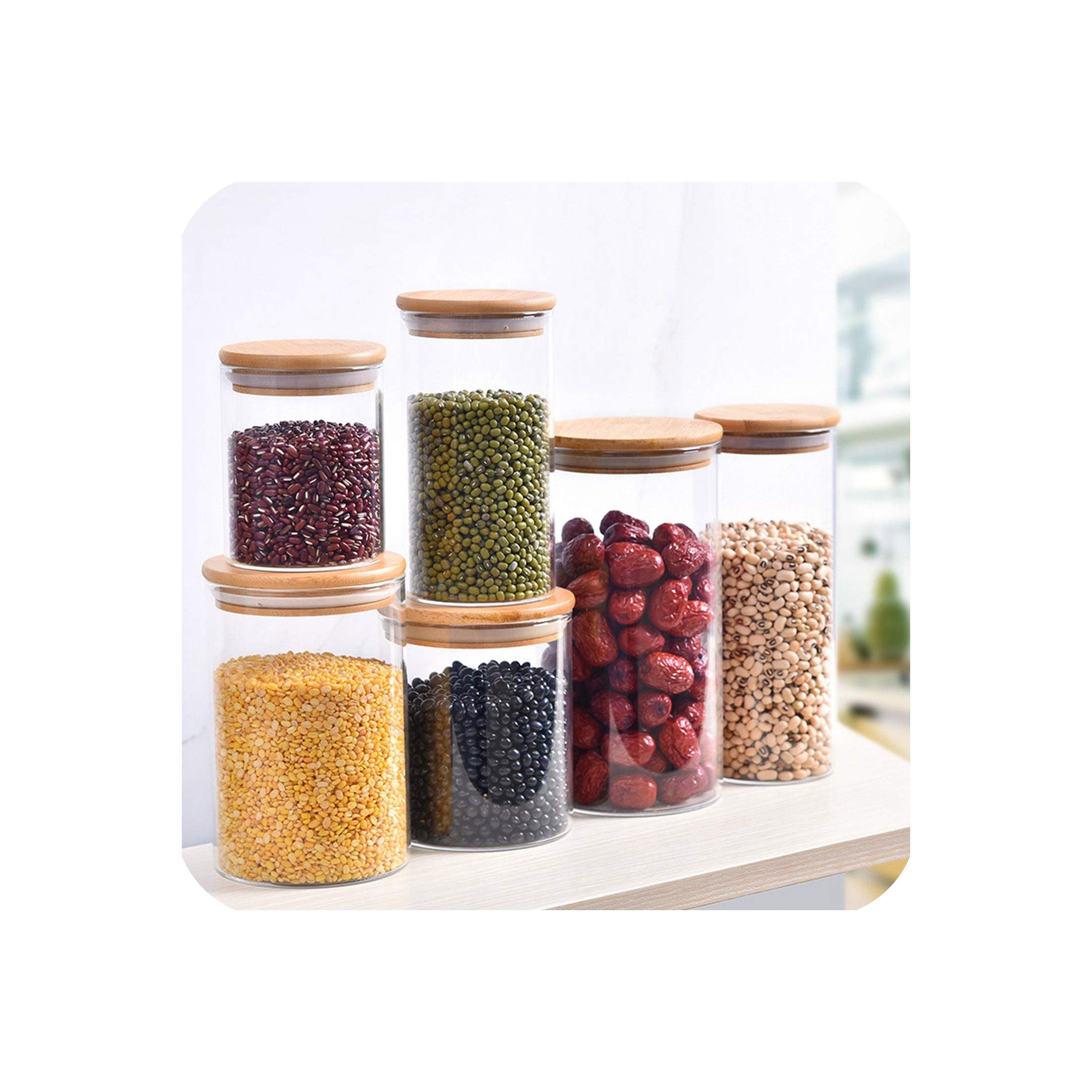 1 Pcs Transparent Glass Jar Glass Sealed Canister Food Storage Bottles Seasoning Jar With Bamboo Cover Kitchen Tools,220Ml-Bamboo
