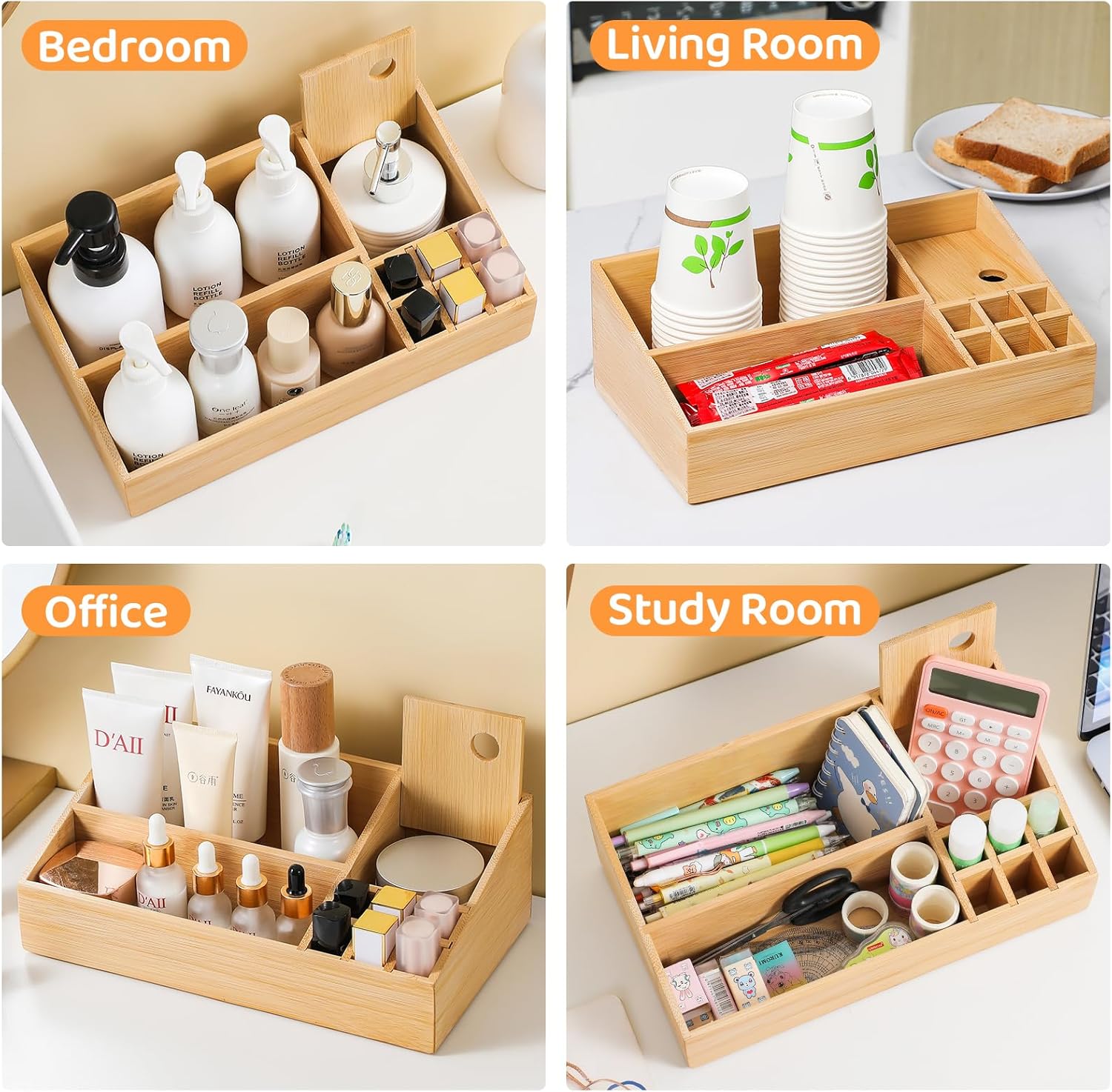 Bamboo Makeup Desk Organizer, Makeup Storage Organization Table Box, Suitable for Desk Organizer and Storage Dressing Table, Bathroom Desk, Counter - Image 6