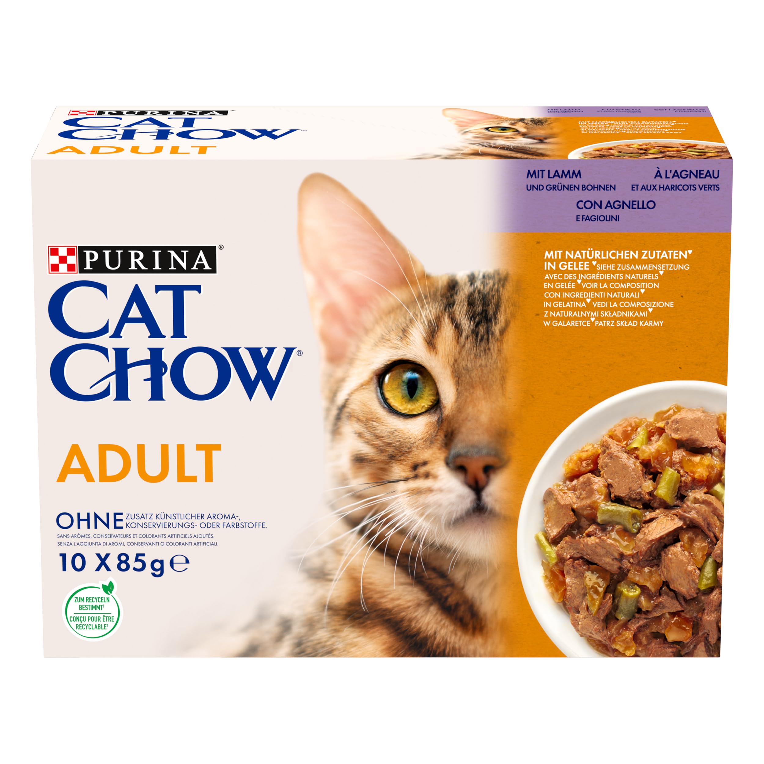 PURINA CAT CHOW | Chat Adulte | Sachets Repas | Agneau et Haricots Verts en Sauce| Boîte | Lot de 4 x (10x85g)