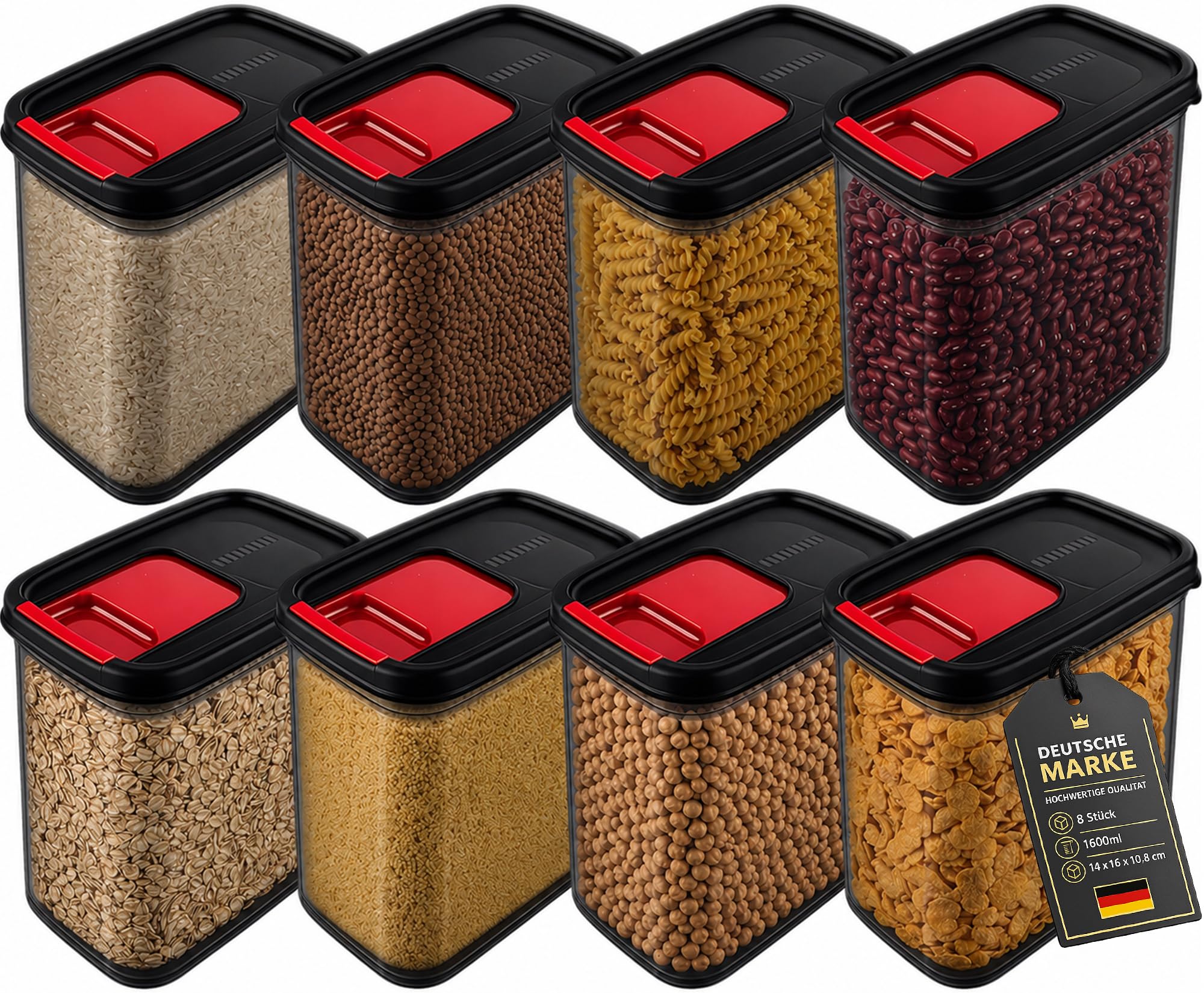 Set di 8 barattoli ermetici, senza BPA, 1600 ml, 14 x 16 x 10,8 cm, impilabili, da cucina, con coperchio trasparente, diverse misure