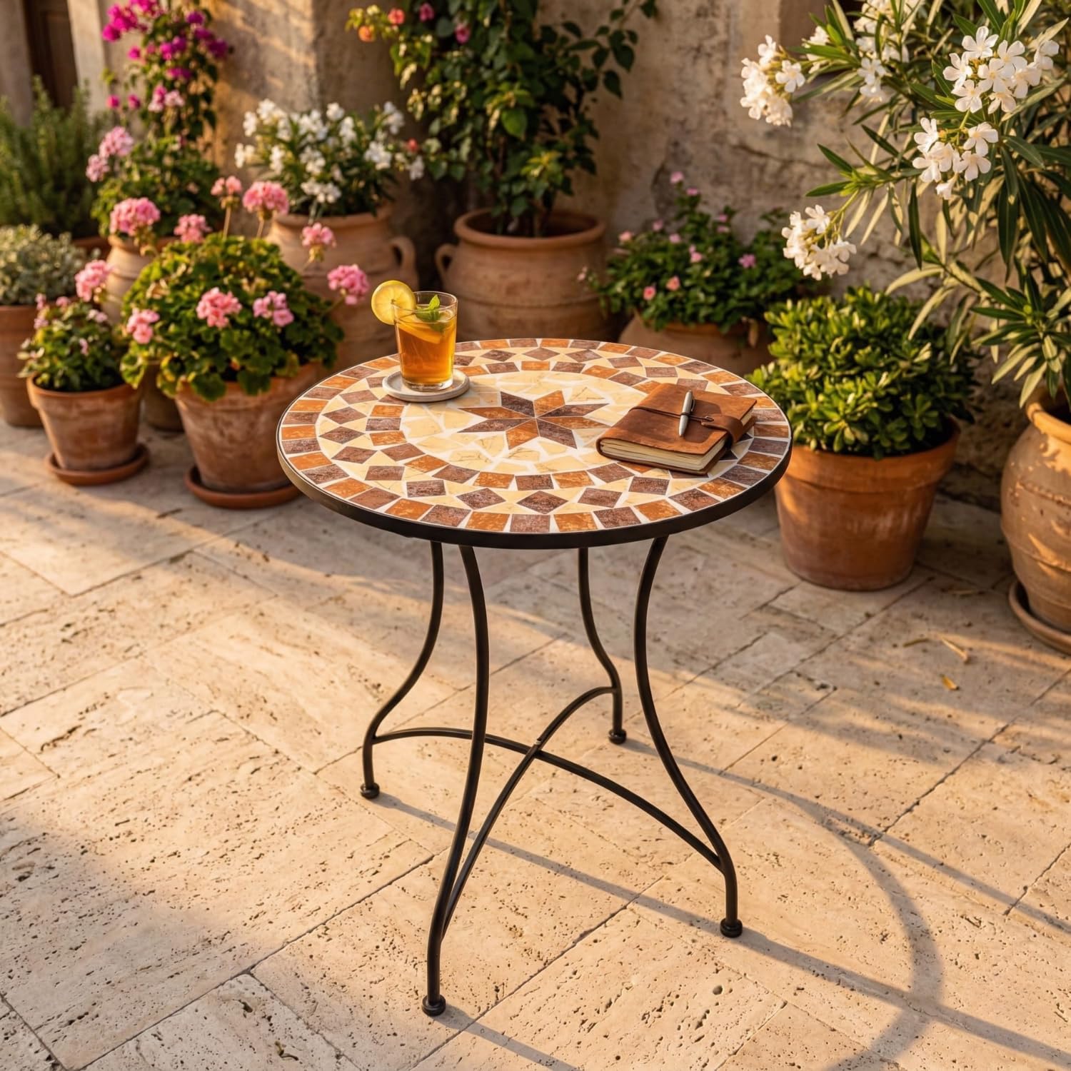 dszapaci Mosaik Gartentisch Balkontisch Rund 60 cm Mosaiktisch Mediterran Beistelltisch Mosaik runder Gartentisch