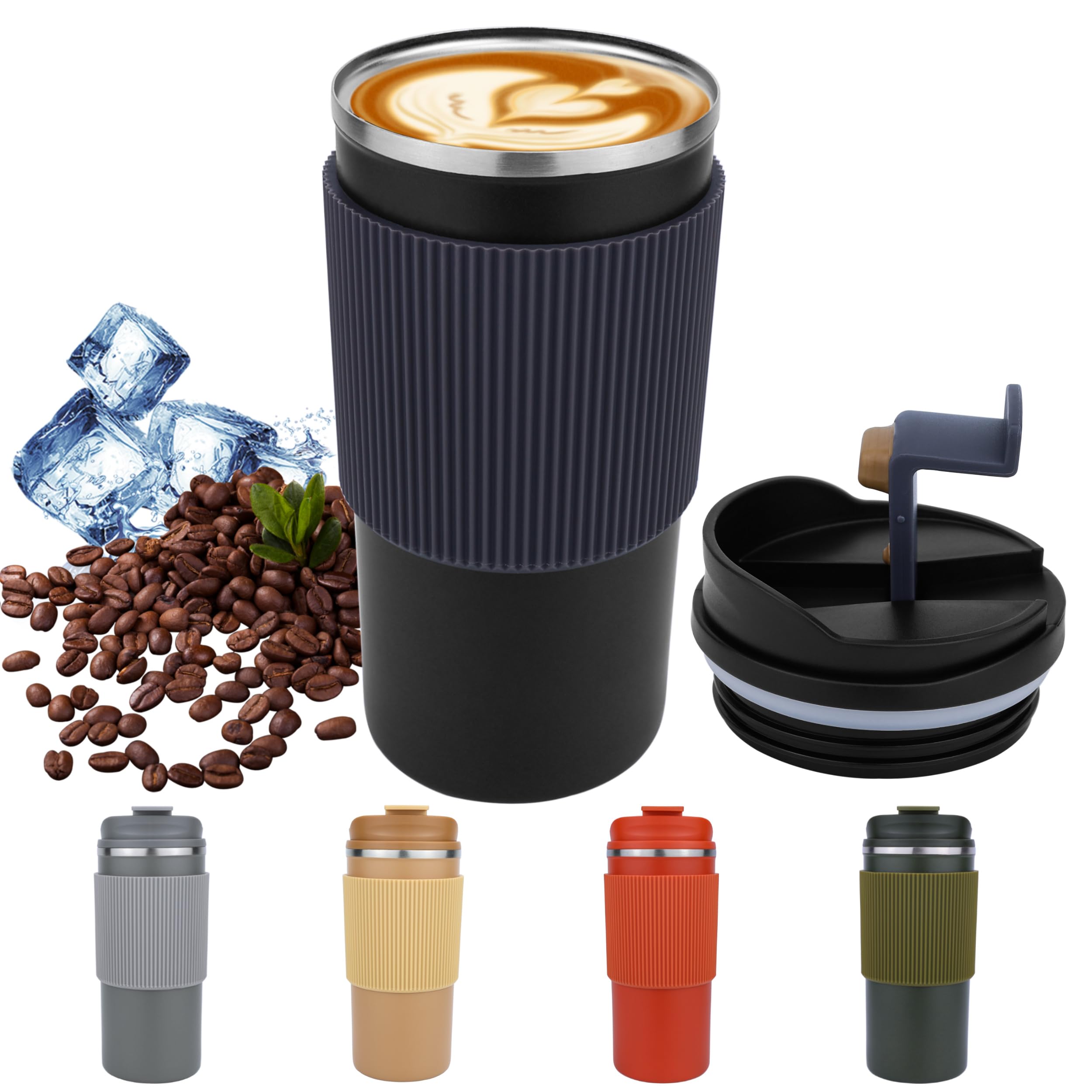 Disoza 16 Oz Travel Mug - Black Reusable Insulated Spill Proof Stainless Steel Coffee Mug For Hot and Iced Drinks