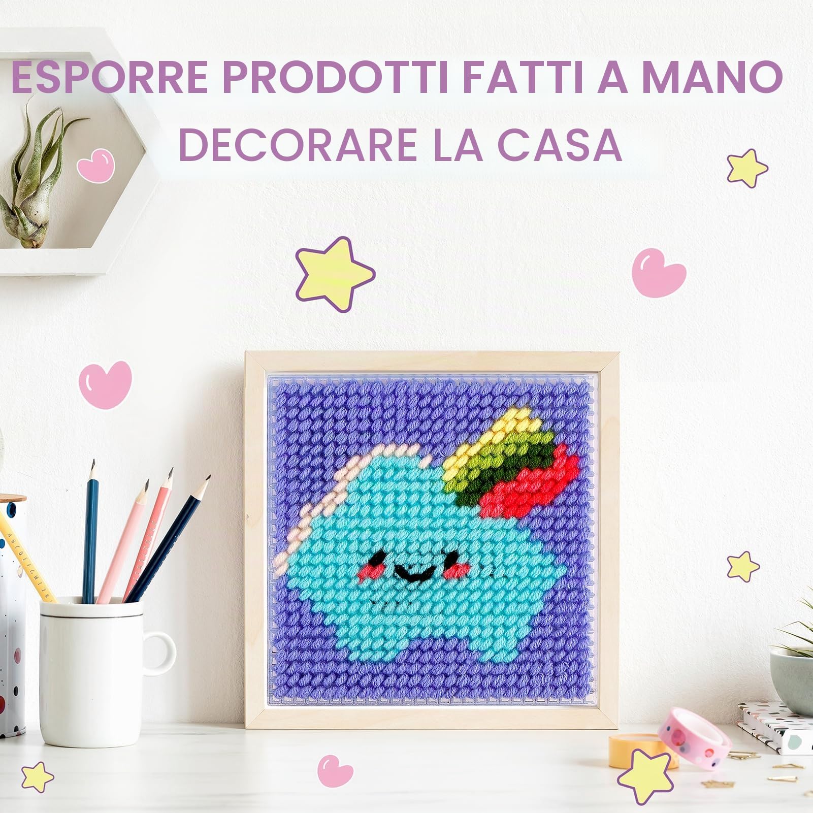 Caydo kit punto croce 8-in-1 per principianti bambini, include 8 tele in plastica con pre-pattern, 13 colori di fili, istruzioni, aghi da ricamo per principianti cucito