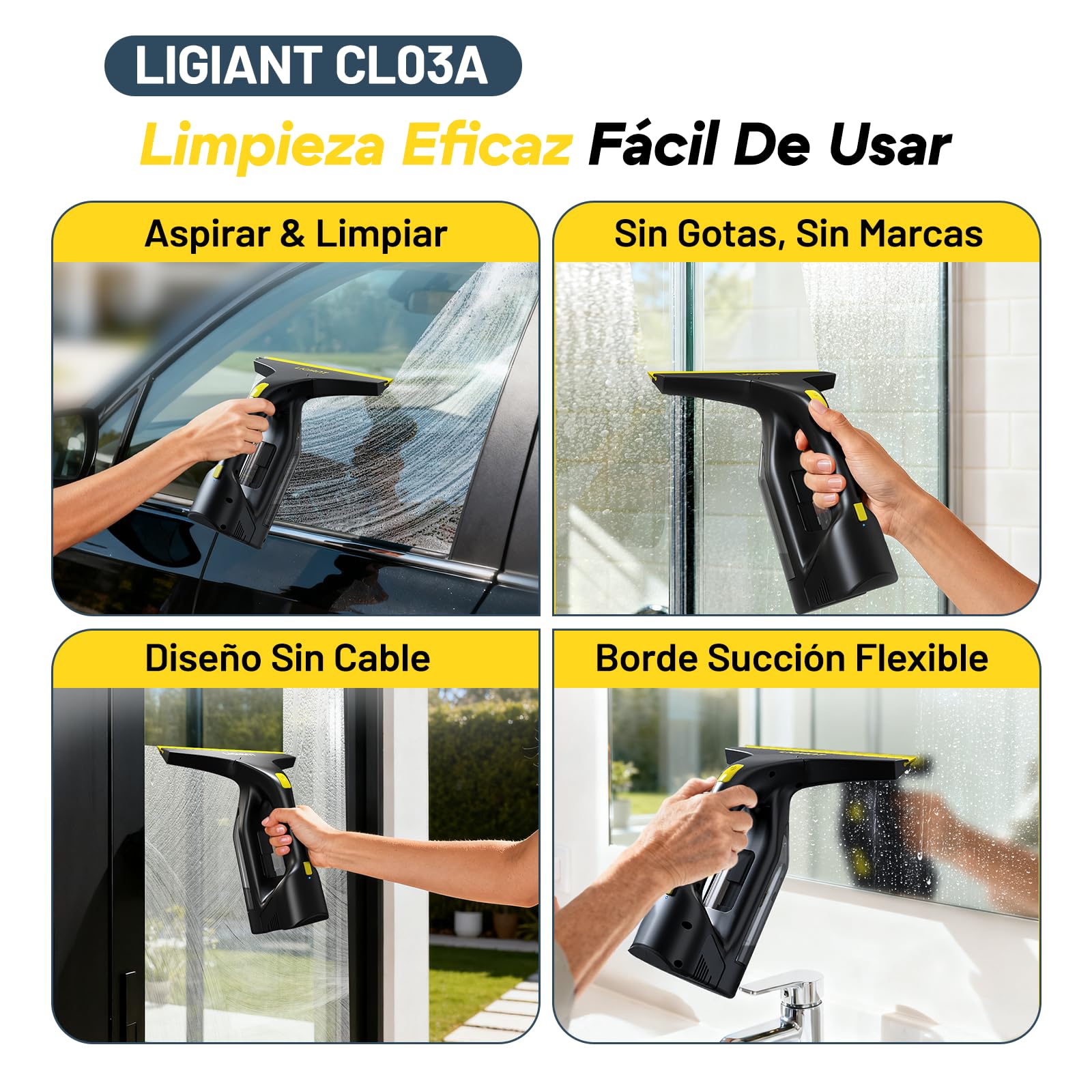 LIGIANT CL03A Limpiadora de Cristales, Autonomía de Batería: 35 min, Boquilla 280 mm, Botella Pulverizadora y Paños de Microfibra, Carga Type-C, Ligero 700 g, Para Ventanas, Azulejos, Espejos y Ducha