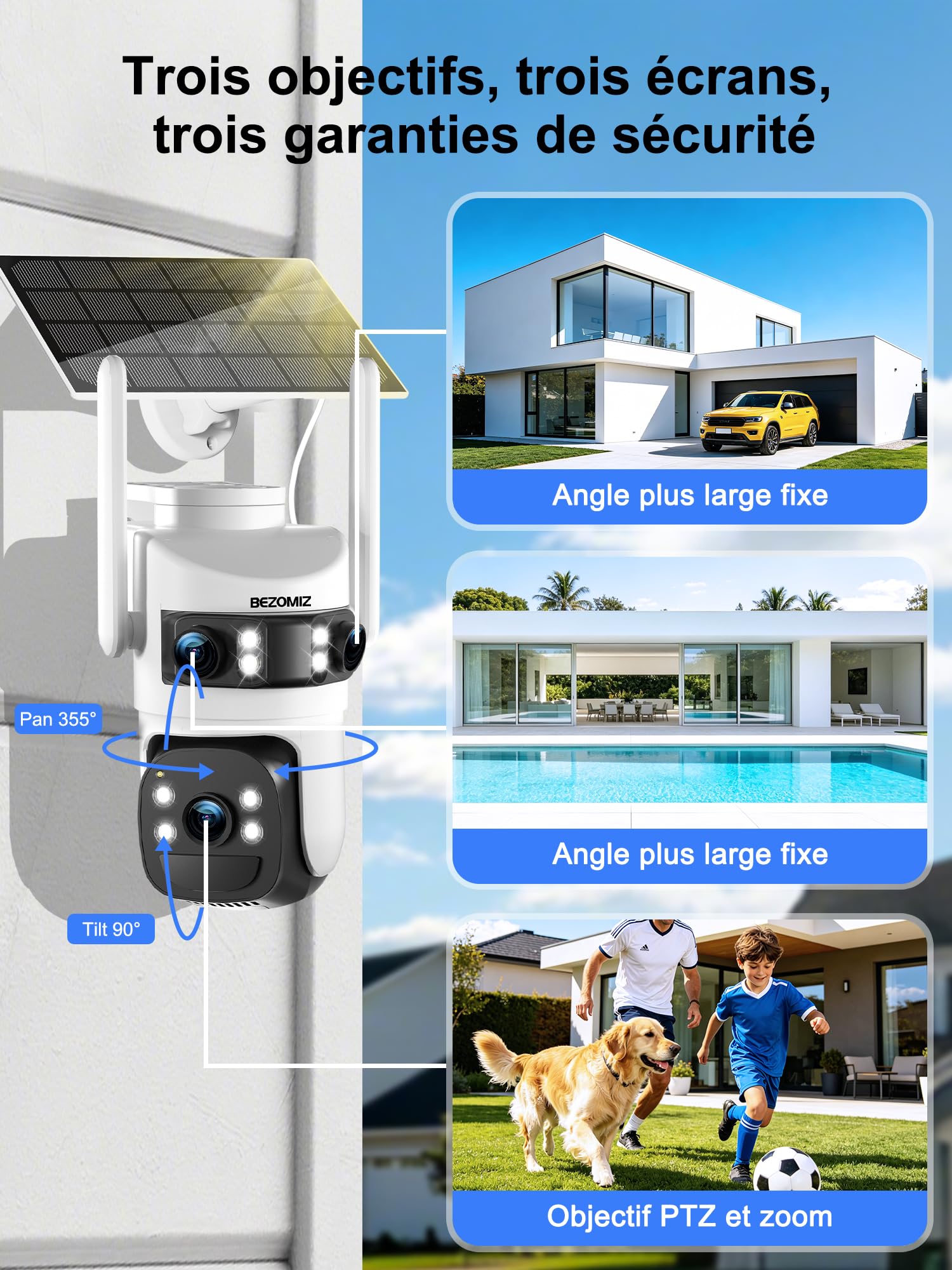 4K Caméra Surveillance WiFi Extérieure à triple objectif,360° PTZ Camera Solaire,12MP Détection Humaine,avec Batterie,Suivi Automatique,Vision Nocturne Couleur,Étanche,Audio Bidirectionnel,2.4/5G WIFI
