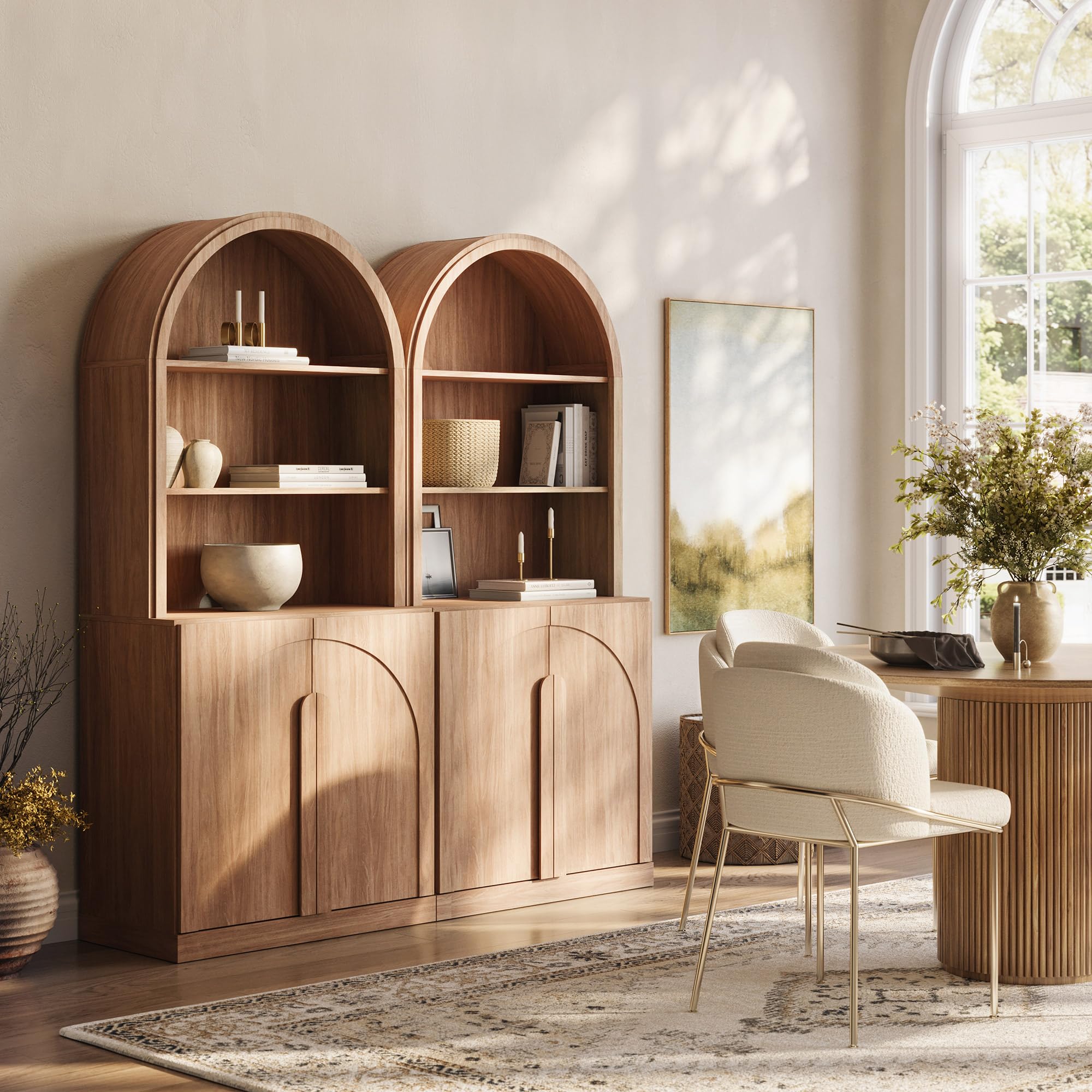 BELLEZE Arched Bookshelf with Storage Set of 2, 71" Tall Wood Curio Display Cabinet with Adjustable Shelf, 5 Tier Modern Bookcase Shelf with Door for