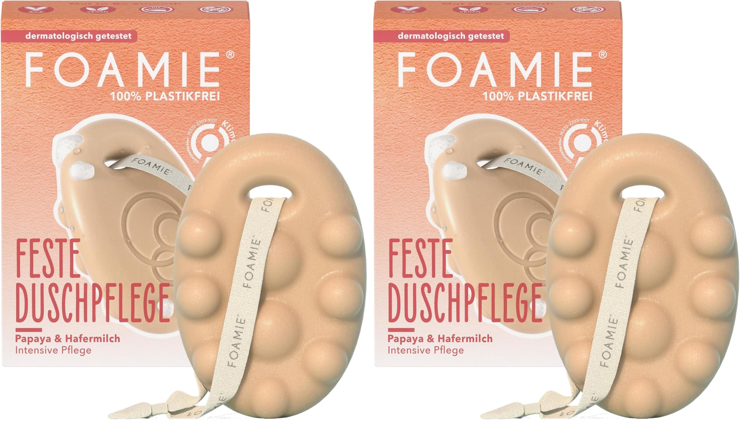 Foamie Festes Duschgel mit Papaya & Hafermilch, Duschpflege Massage-Effekt für eine Intensive Pflege, Feste Dusche 100% Vegan, Plastikfrei, Silikonfrei, 80g (Packung mit 2)