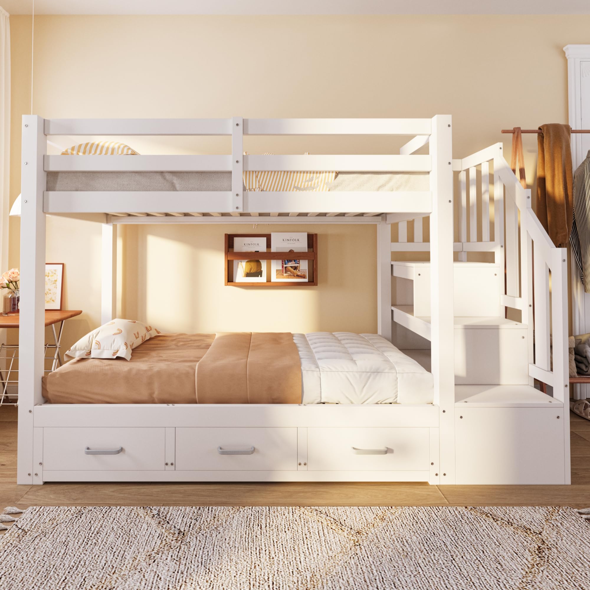 Litera de 90x200 cm con Cama Nido para 2 Personas, Cama Litera Matrimonio con 3 Cajones y Escalera Almacenaje, Cama Infantil Literas con Barandilla Anticaída y Lamas Madera, Sin Colchón, Blanco