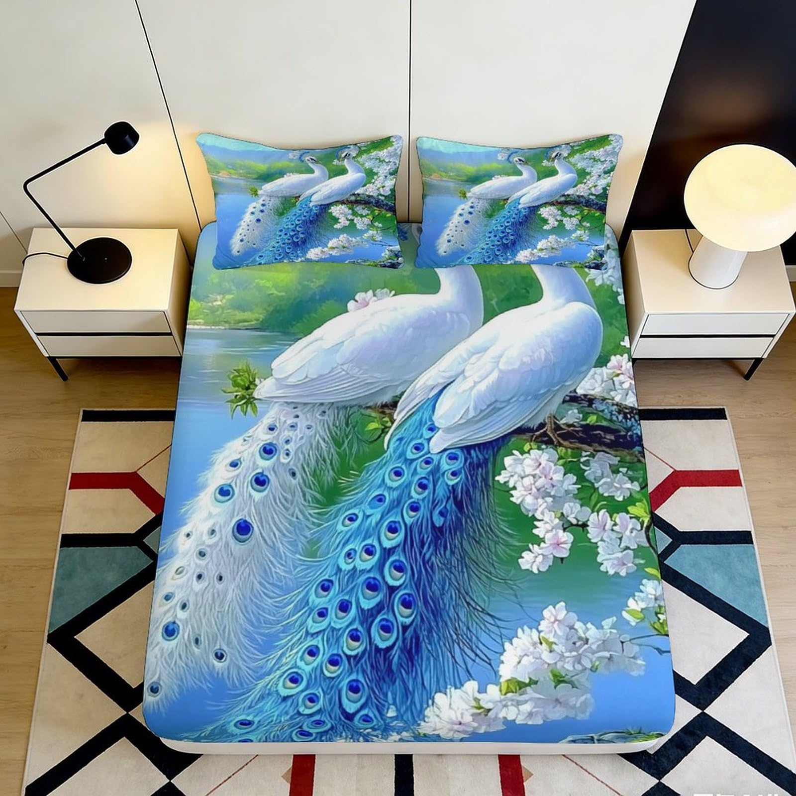 3D Printed White Peacock Fitted Sheet Microfiber Soft Anti-Slip Blue Blossom Mattress Cover for Bedroom Guest Room Decor 120x200x25cm