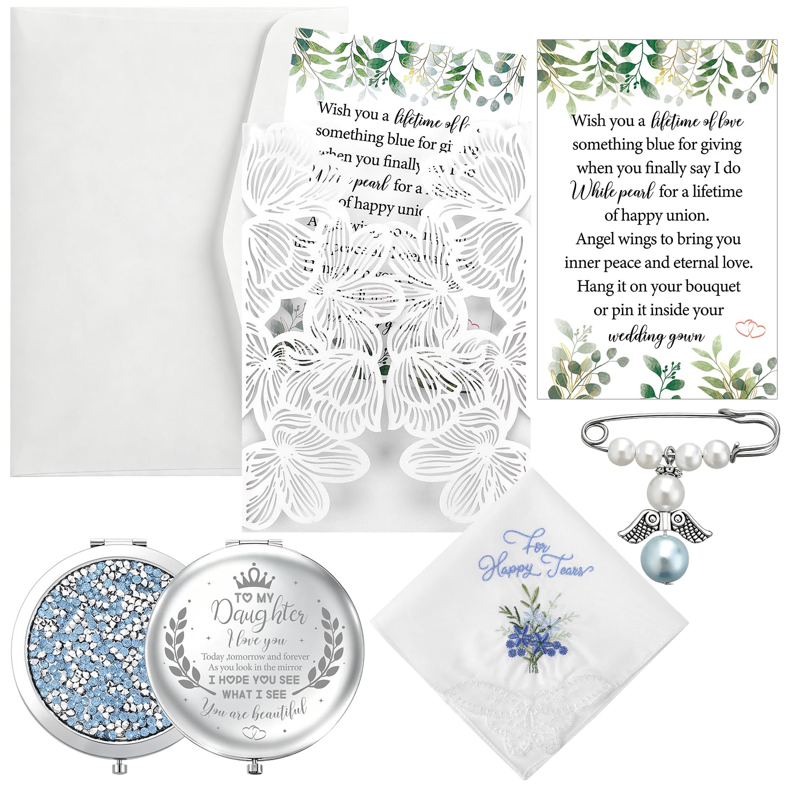 YXSJAS 6 Pcs Something Blue Bride Gifts Include Something Blue Angel Memory Bouquet Charm Wedding Handkerchief Compact Mirror Card with Envelope for Bridal Wedding Gift from Parents Memorial Gift