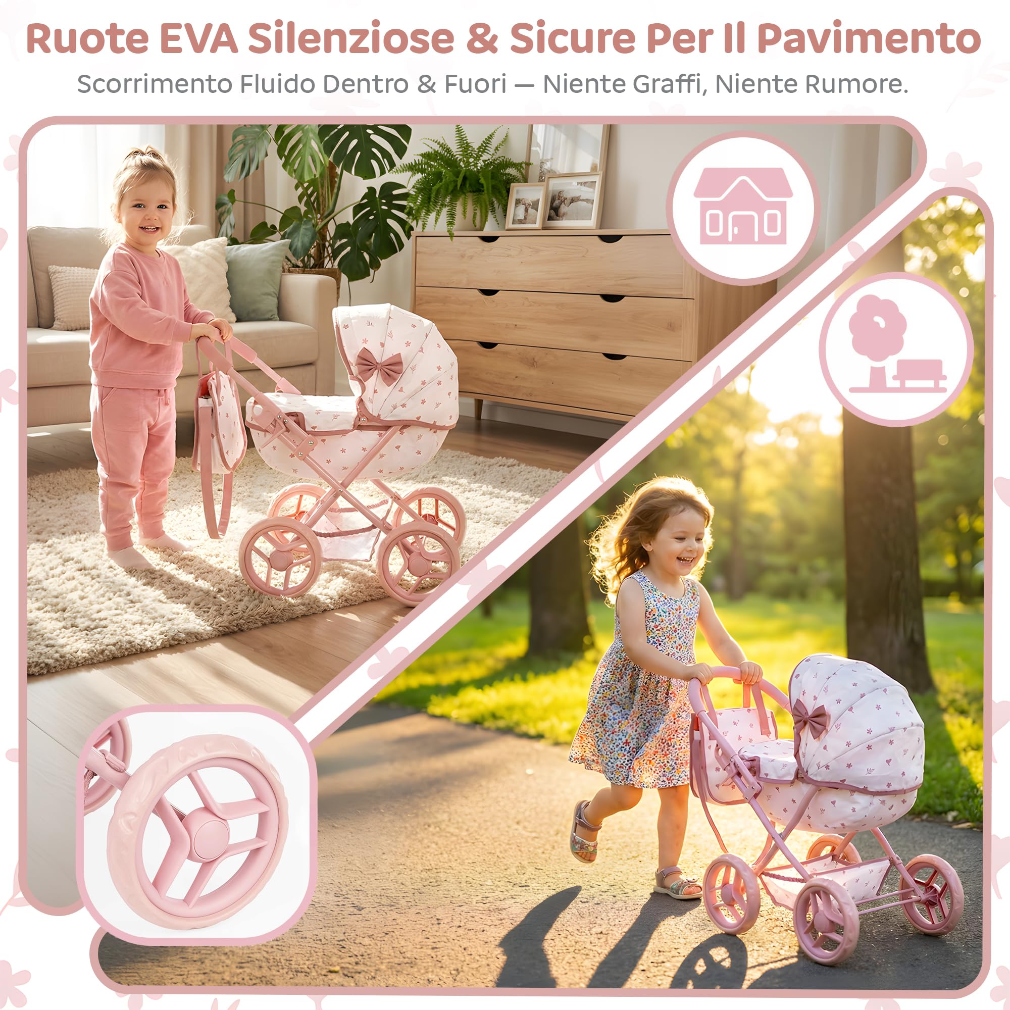 Carrozzina per bambole dai 2 anni – Passeggino per bambole pieghevole per bambini con borsa e cestino, ruote silenziose, passeggino leggero giocattolo per bambine