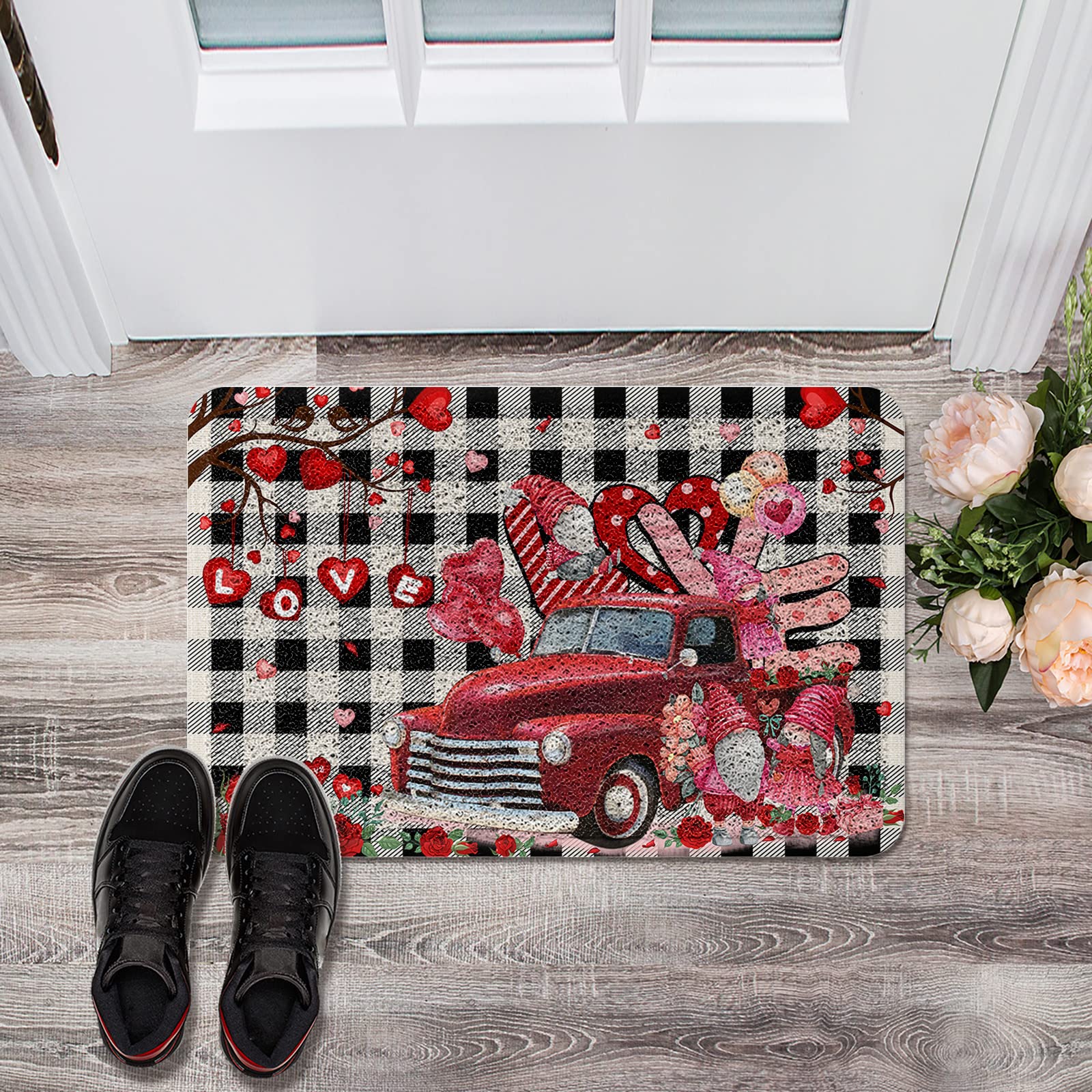 Flannel Doormat Valentine's Day Outdoor Indoor Entrance Doormat Red Truck Load Gnome and Rose Buffalo Plaid Front Welcome Doormats Inside Outside Rugs,Waterproof Non Slip and Durable 36x24 Inch
