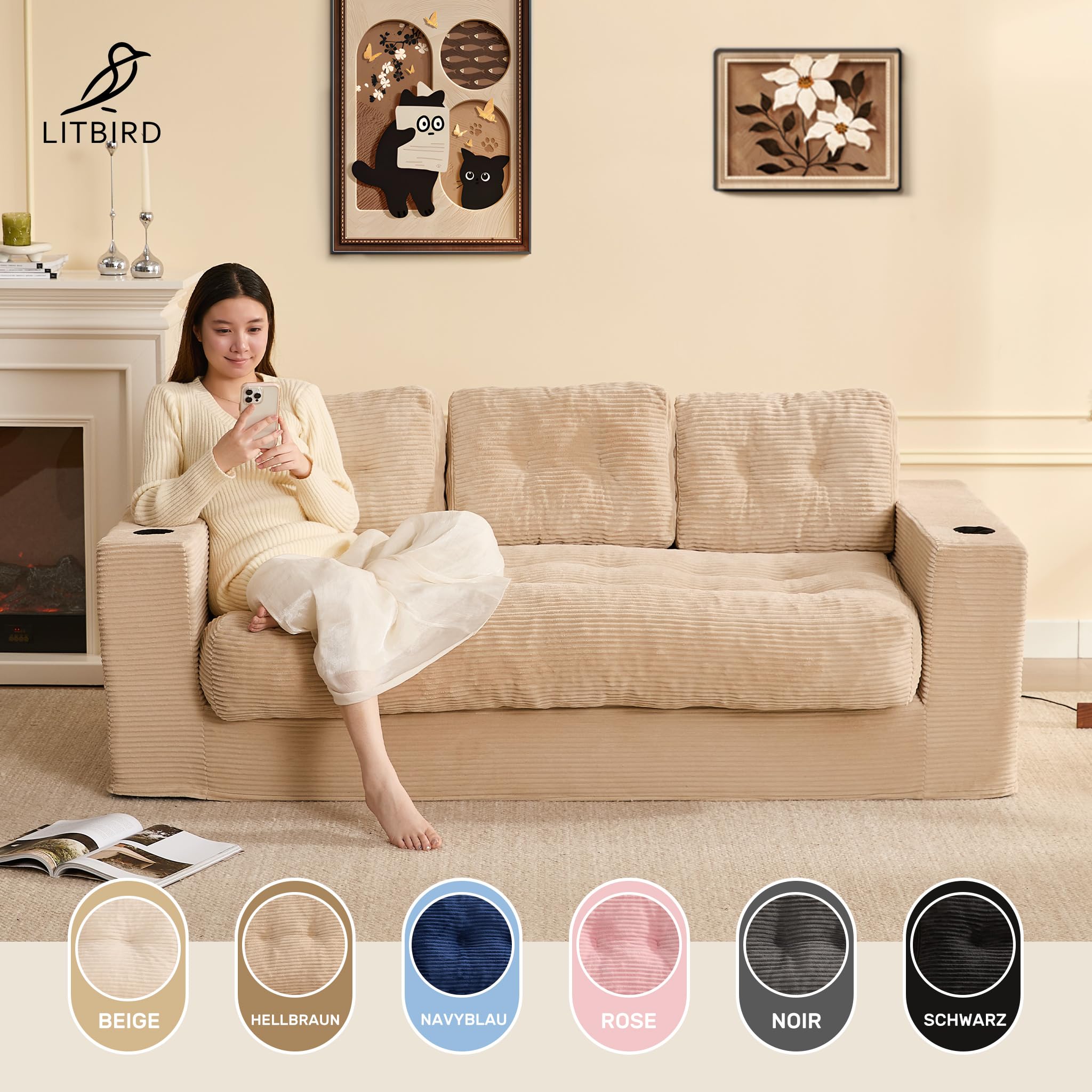 Bodensofa 3-Sitzer 190 cm, Cord Sofa ohne Gestell mit Kissen, 2 Getränkehaltern & breiten Armlehnen, Lounge Sofa für Wohnzimmer, kleine Wohnungen & Studenten, kein Aufbau erforderlich (Hellbraun)