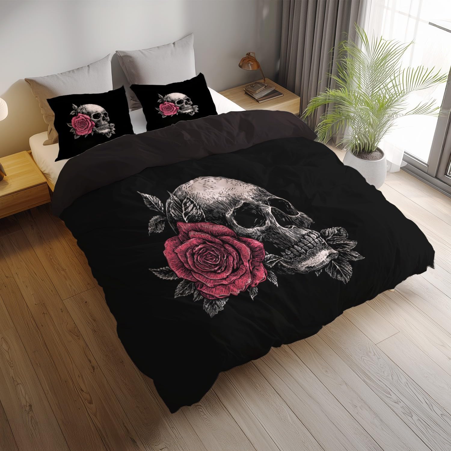 Tajemnicza czarna czaszka kwiatowa 220 x 260 cm łatwa w pielęgnacji poszwa na kołdrę Zestaw pościeli z 2 poszewkami na poduszki Pościel Zestaw do dekoracji sypialni