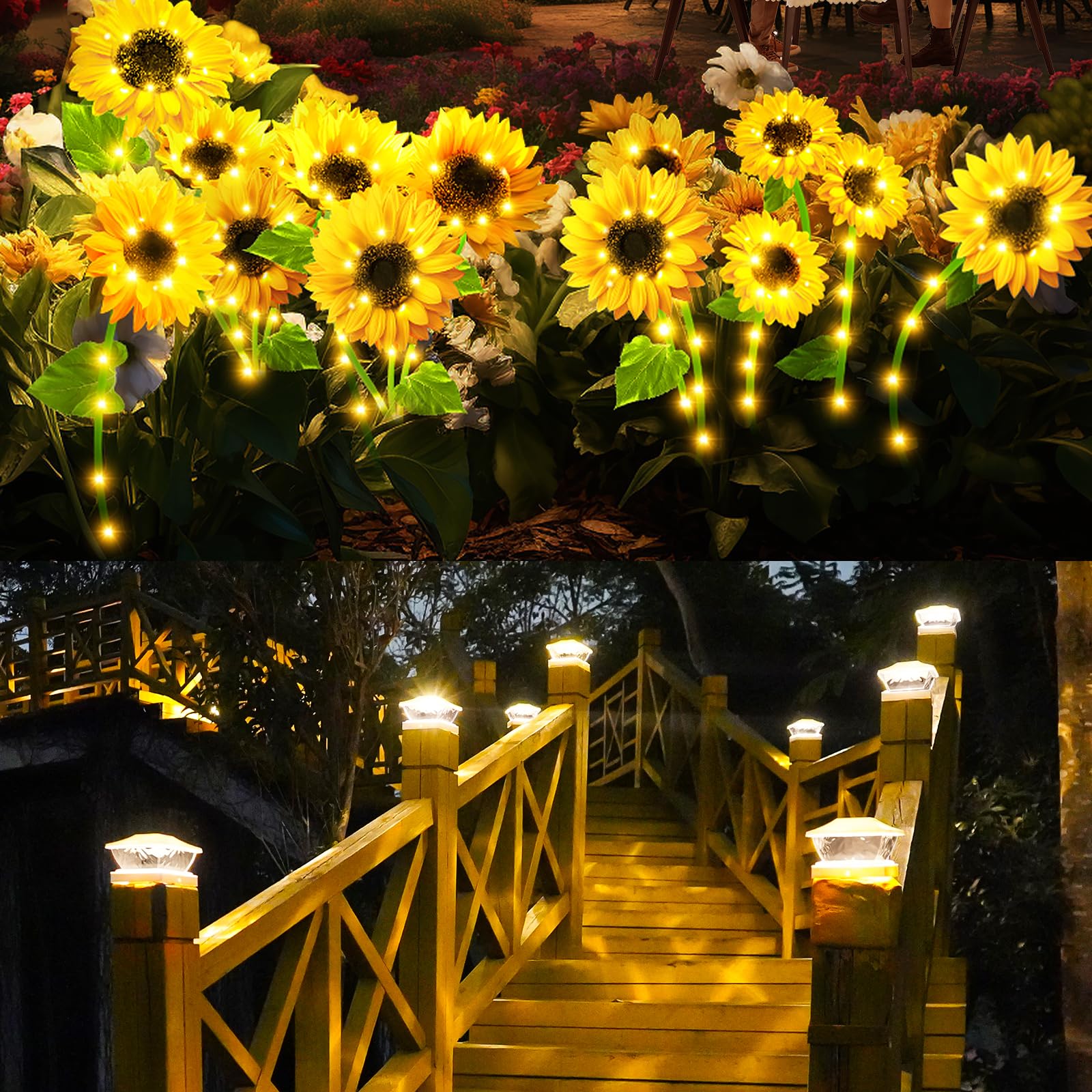NFEVER6 Pack Solar Post Cap Lights and 3 Pack Sunflower Solar Lights Outdoor Bundle